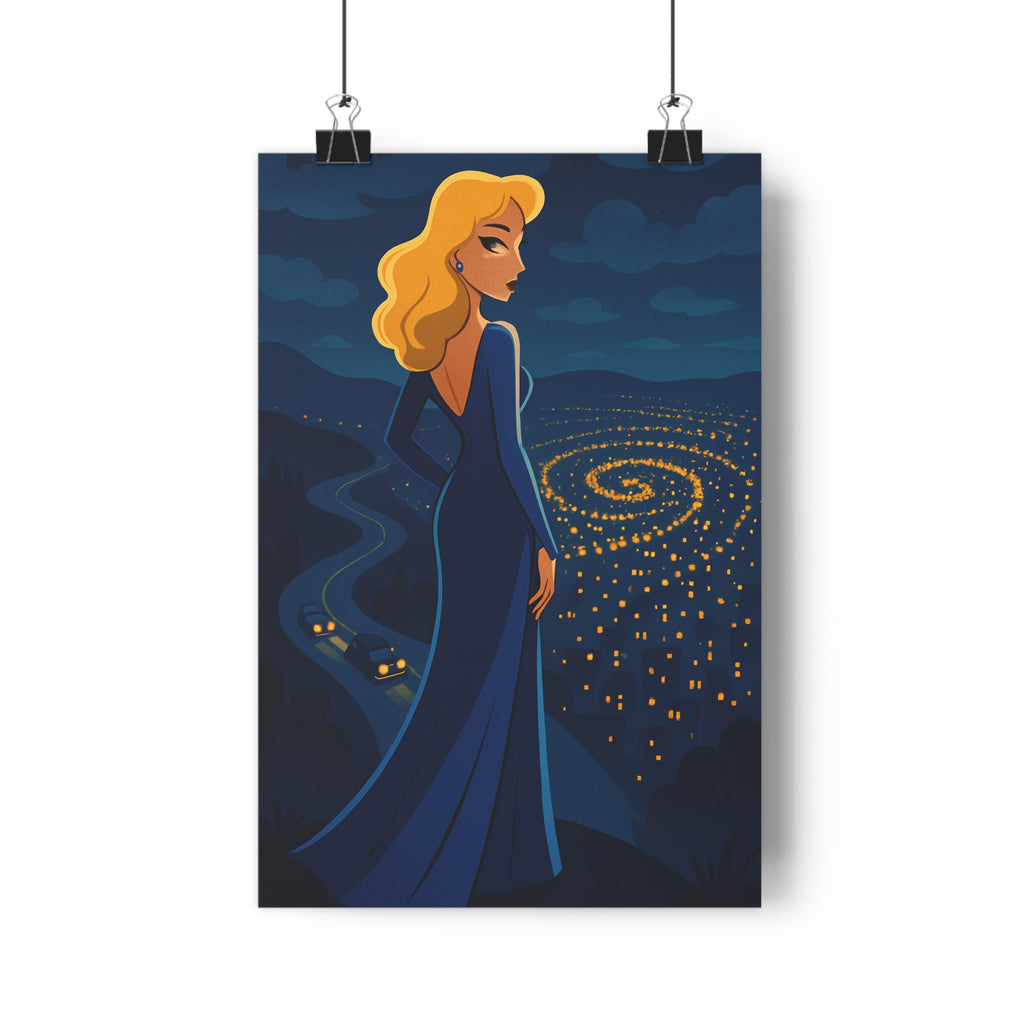Poster décoratif dessin animé bleu doré mystérieux élégant salon intérieur artistique femme robe qualité