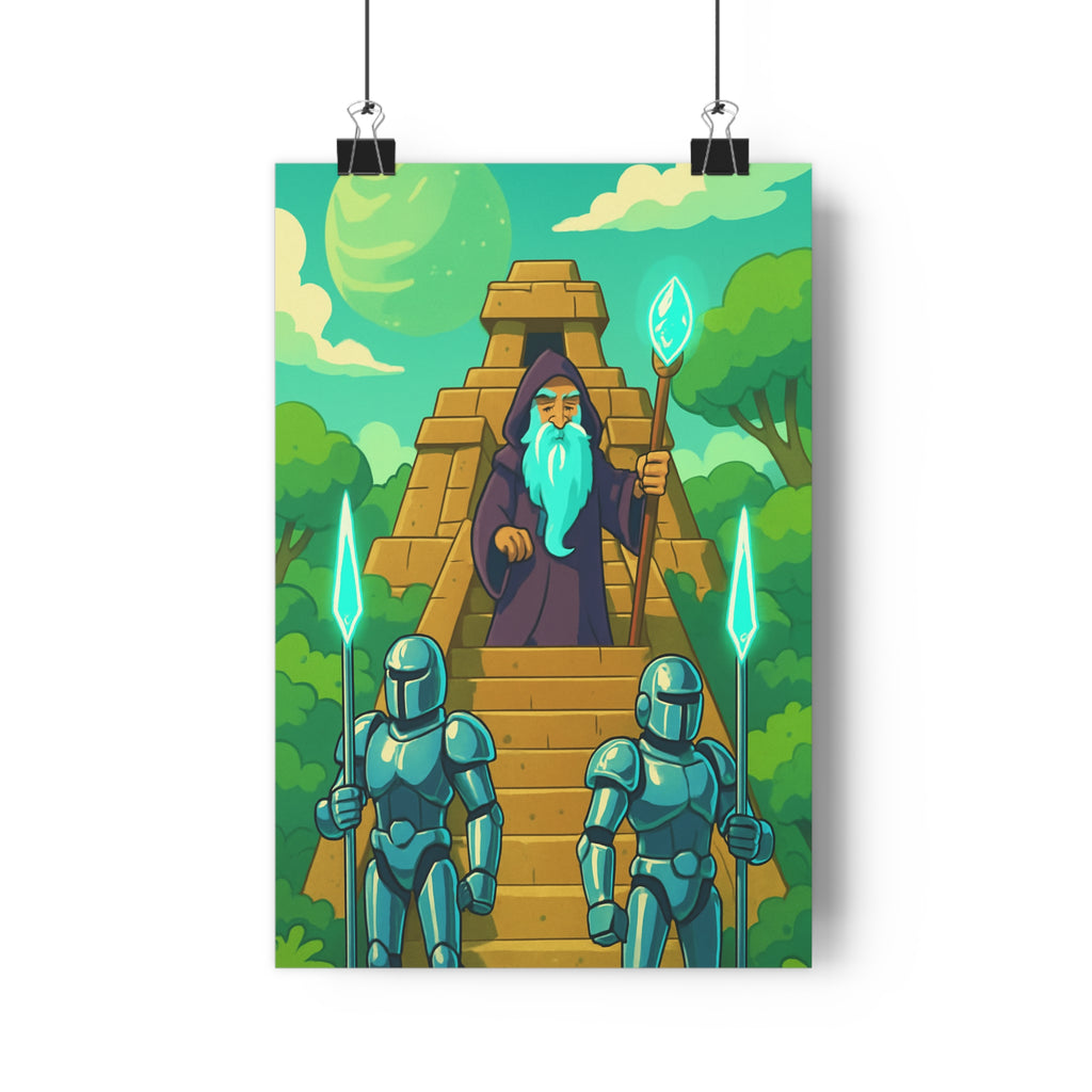 Poster décoratif mystique vert émeraude temple ancien personnage lumineux gardiens robotiques extraterrestre salon bureau
