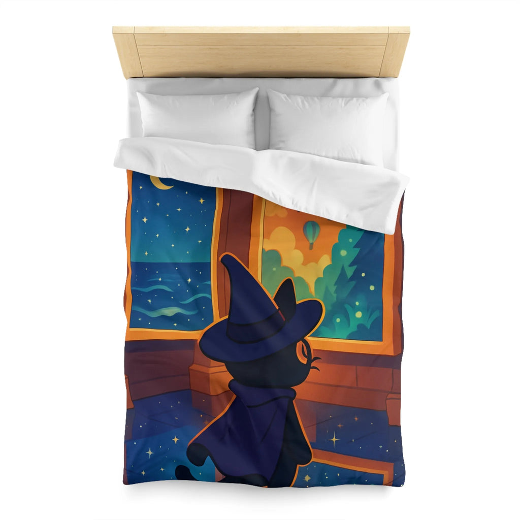 Housse de couette ambiance nocturne avec chat sorcier et paysages enchanteurs colorés