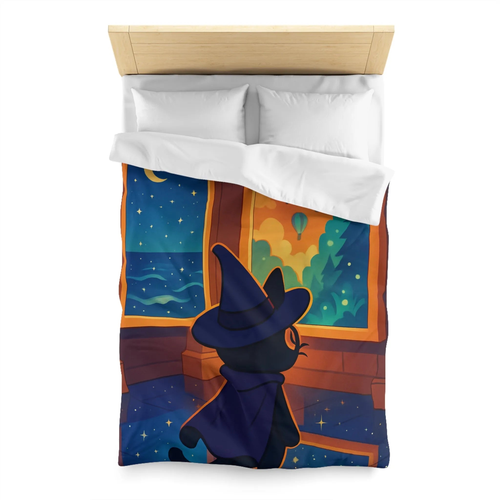 Housse de couette ambiance nocturne avec chat sorcier et paysages enchanteurs colorés