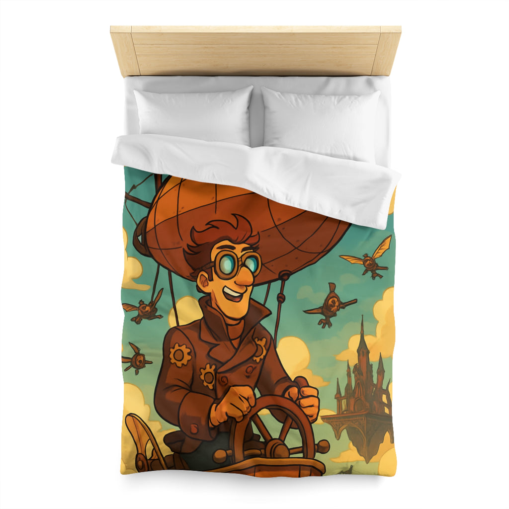 Housse de Couette Steampunk avec Ballon Dirigeable et Cité Volante dans le Ciel