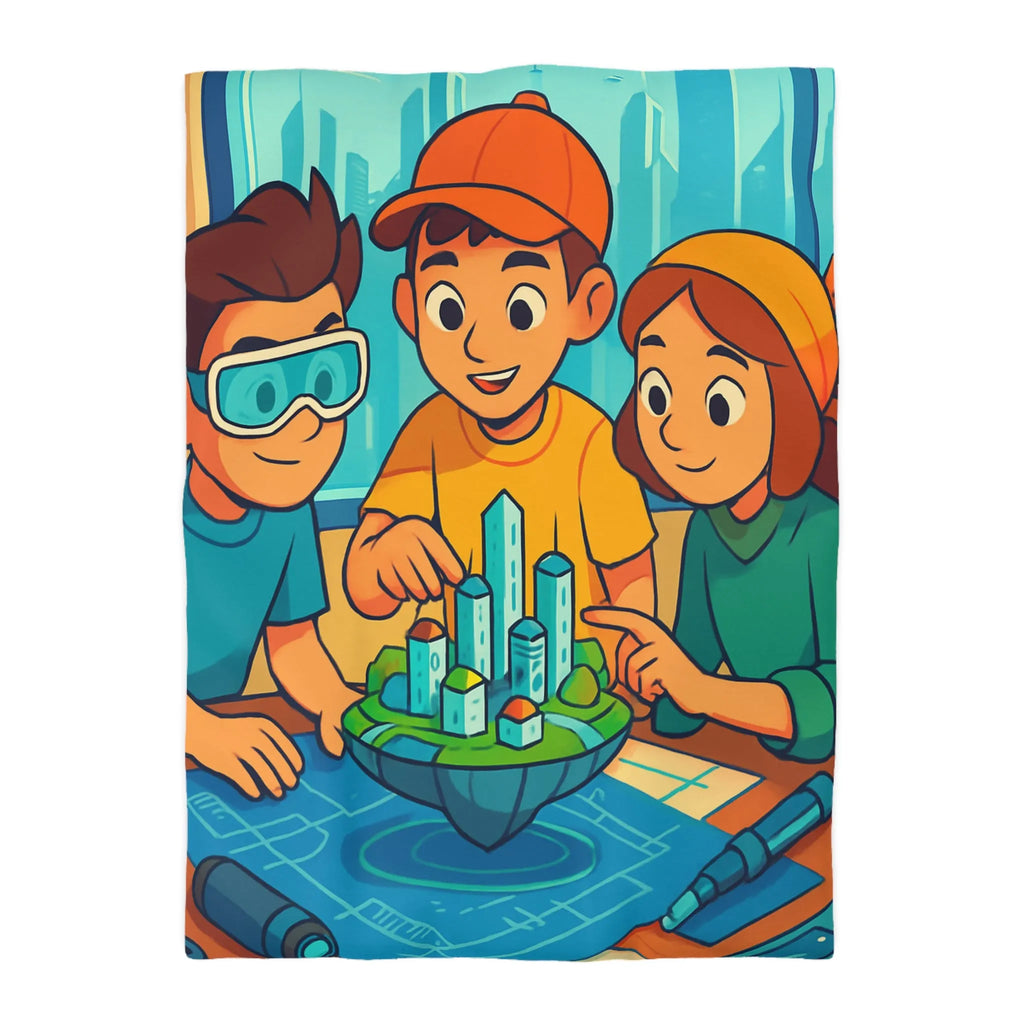 Housse de couette avec design futuriste ludique, enfants explorant une ville miniature colorée