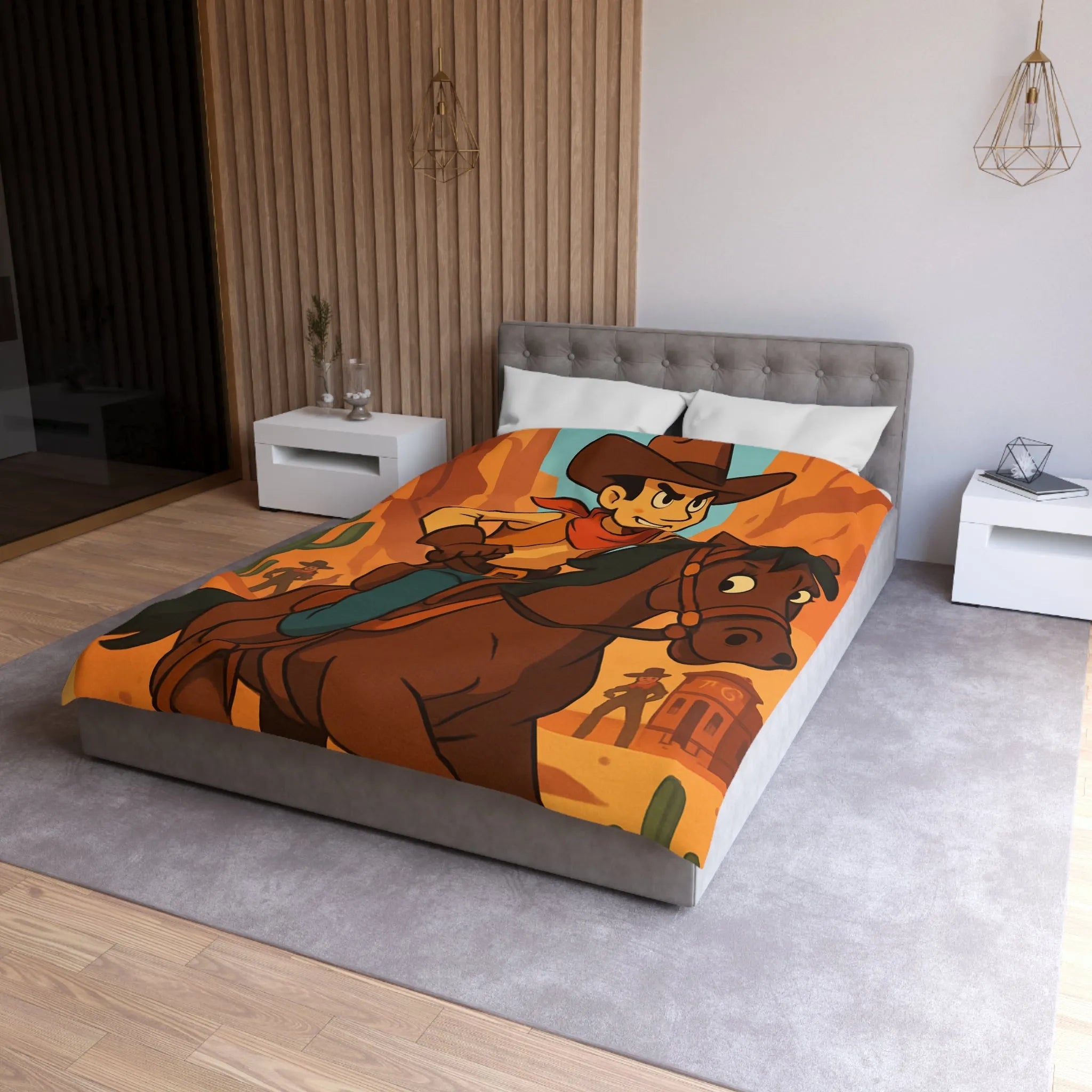 Housse de couette avec cavalier de dessin animé dans paysage désertique occidental