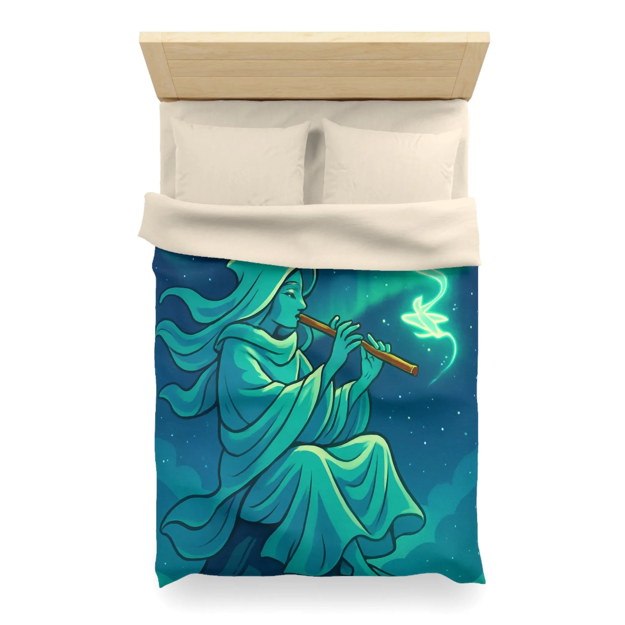 Housse de couette magique avec joueur de flûte créant des formes lumineuses célestes