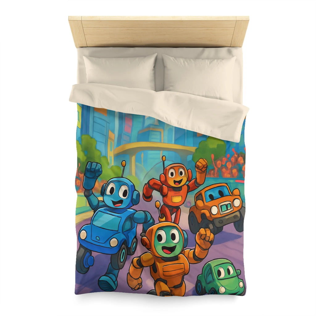 Housse de Couette Animée avec Robots Joyeux et Ville Futuriste pour Enfants