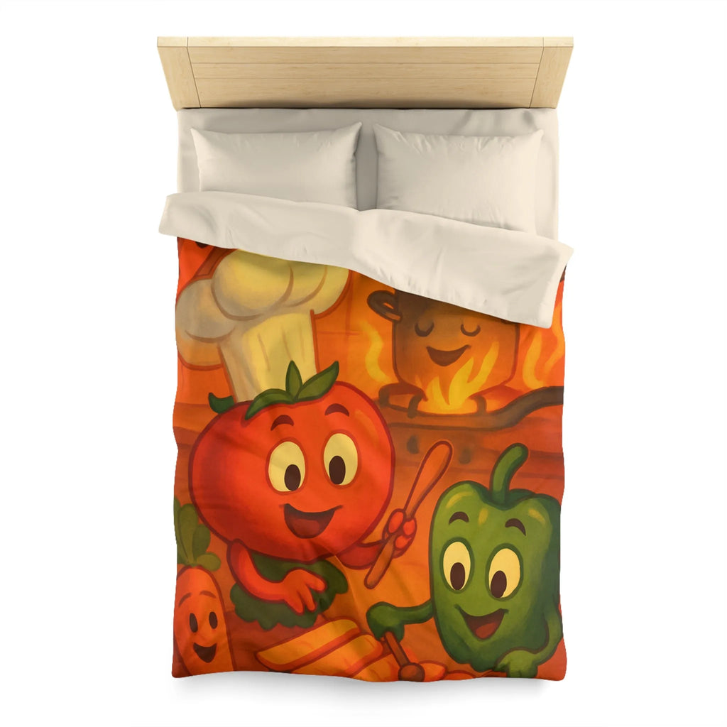 Housse de couette illustrée avec légumes adorables jouant dans une cuisine animée orangée