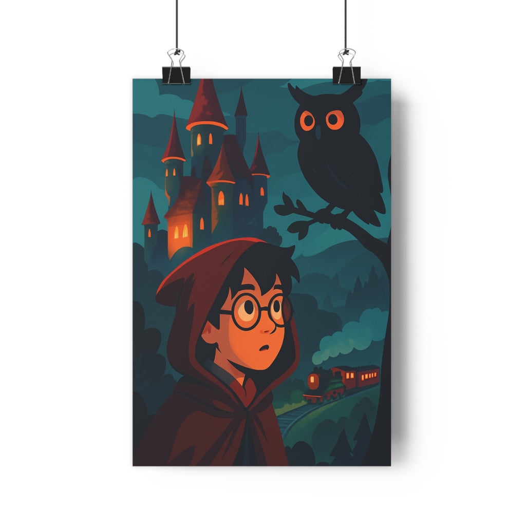 Poster décoratif mystérieux château rouge nocturne cartoon enfant chambre aventure magique hibou train qualité