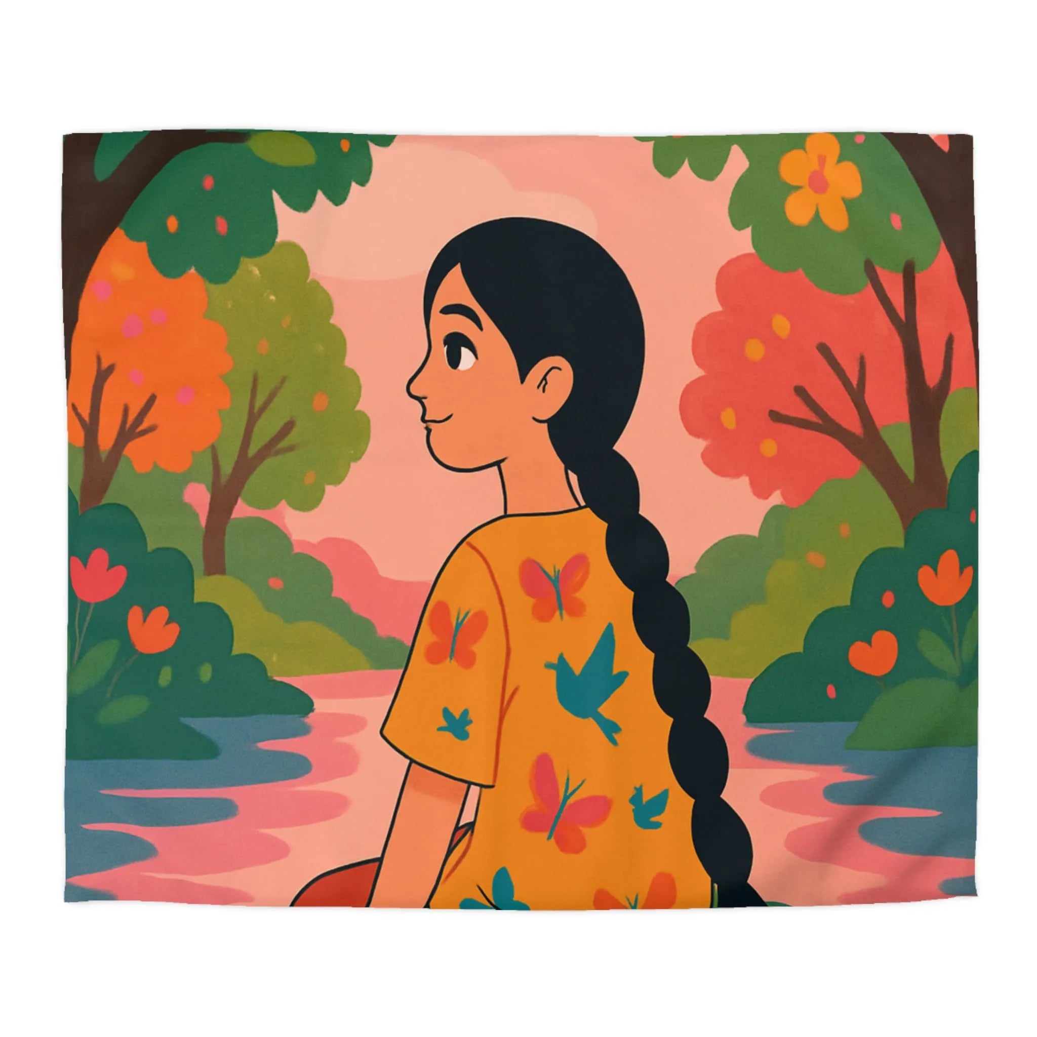 Housse de couette colorée avec paysage serein et silhouette poétique pour décoration chambre