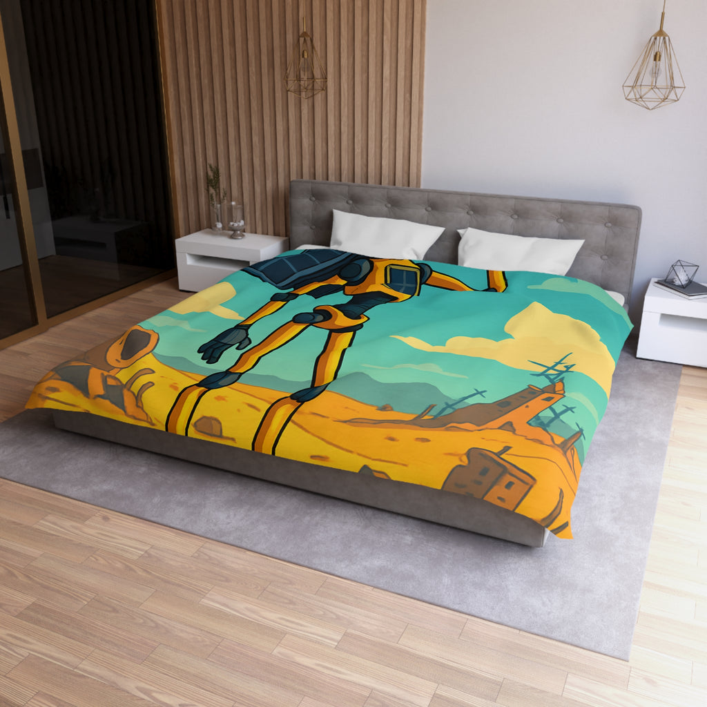 Housse de couette robot jaune explorateur dans désert post-apocalyptique avec oiseau