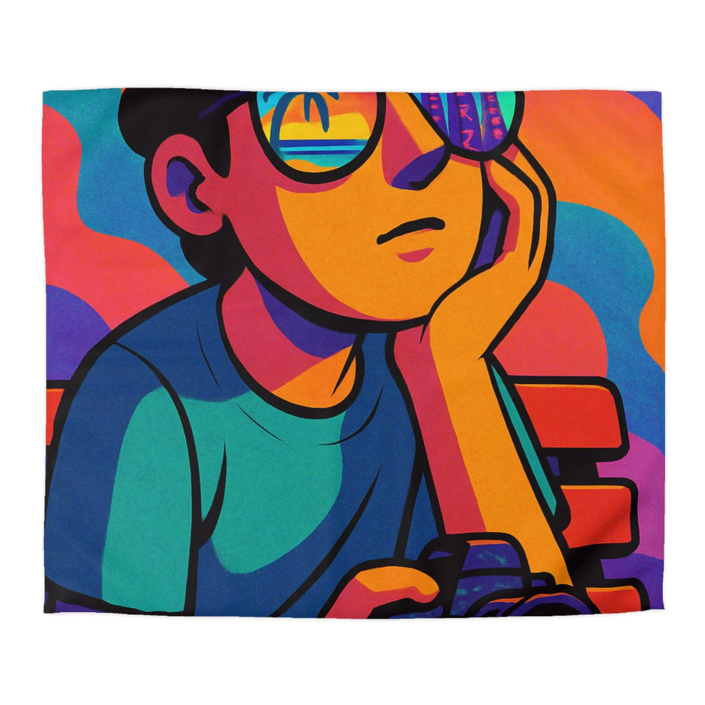 Housse de couette animée jeune rêveur lunettes de soleil et appareil photo colorés