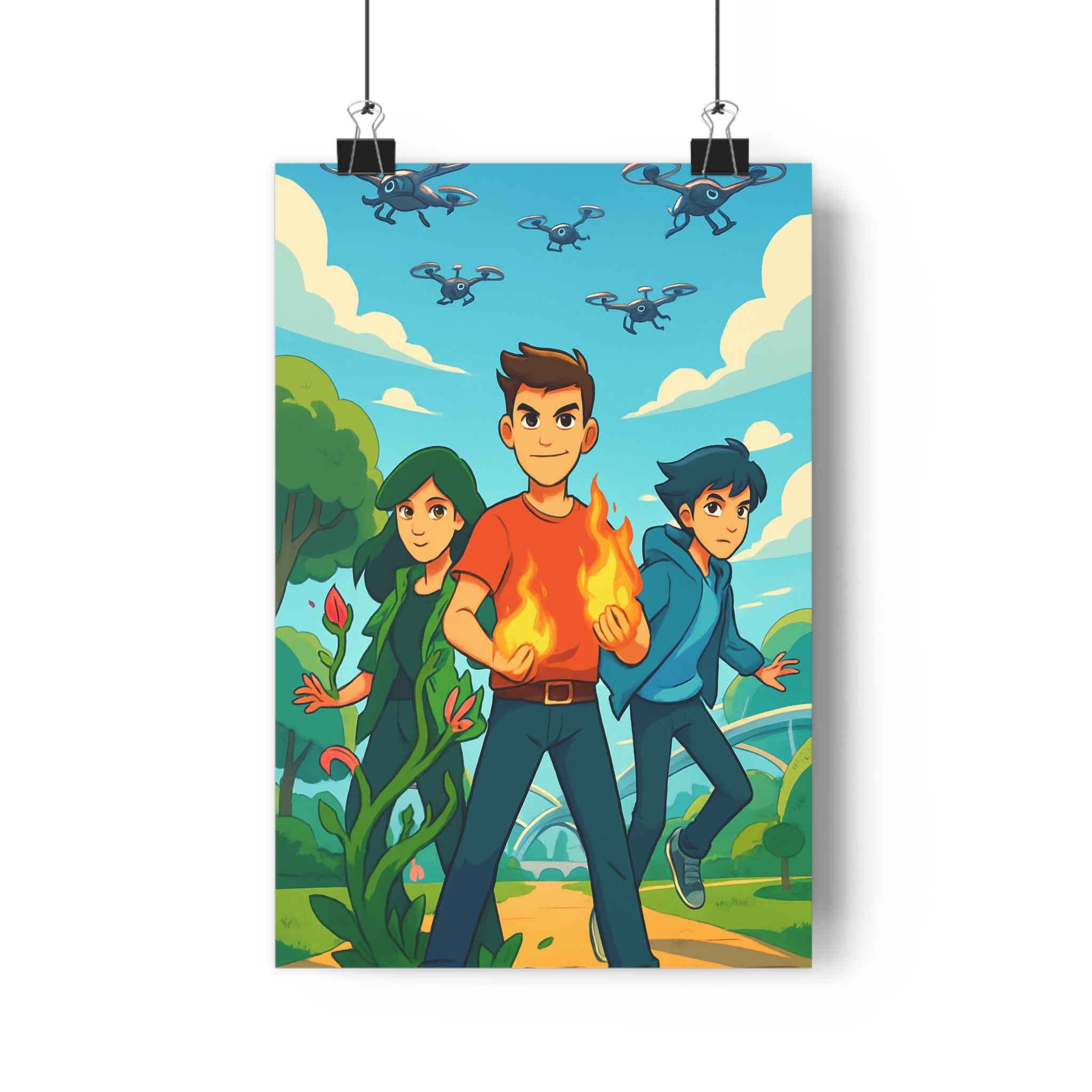 Poster décoratif animé aventure vibrant orange bleu vert chambre enfant moderne fantastique qualité élevé