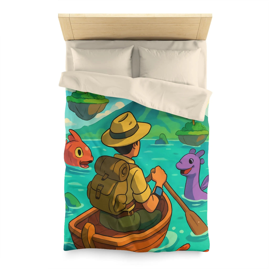 Housse de couette île volcanique exotique avec aventurier et créatures marines colorées