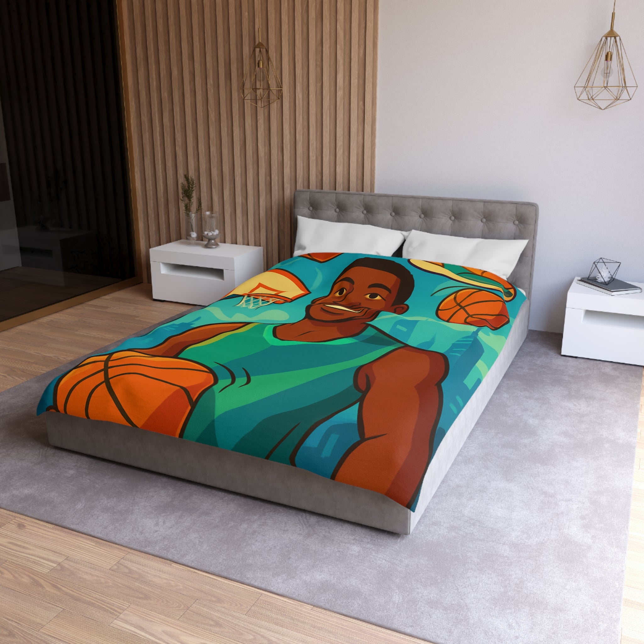 Housse de Couette Pour Enfant Thème Basketball Colorée et Ludique avec Joueur Souriant