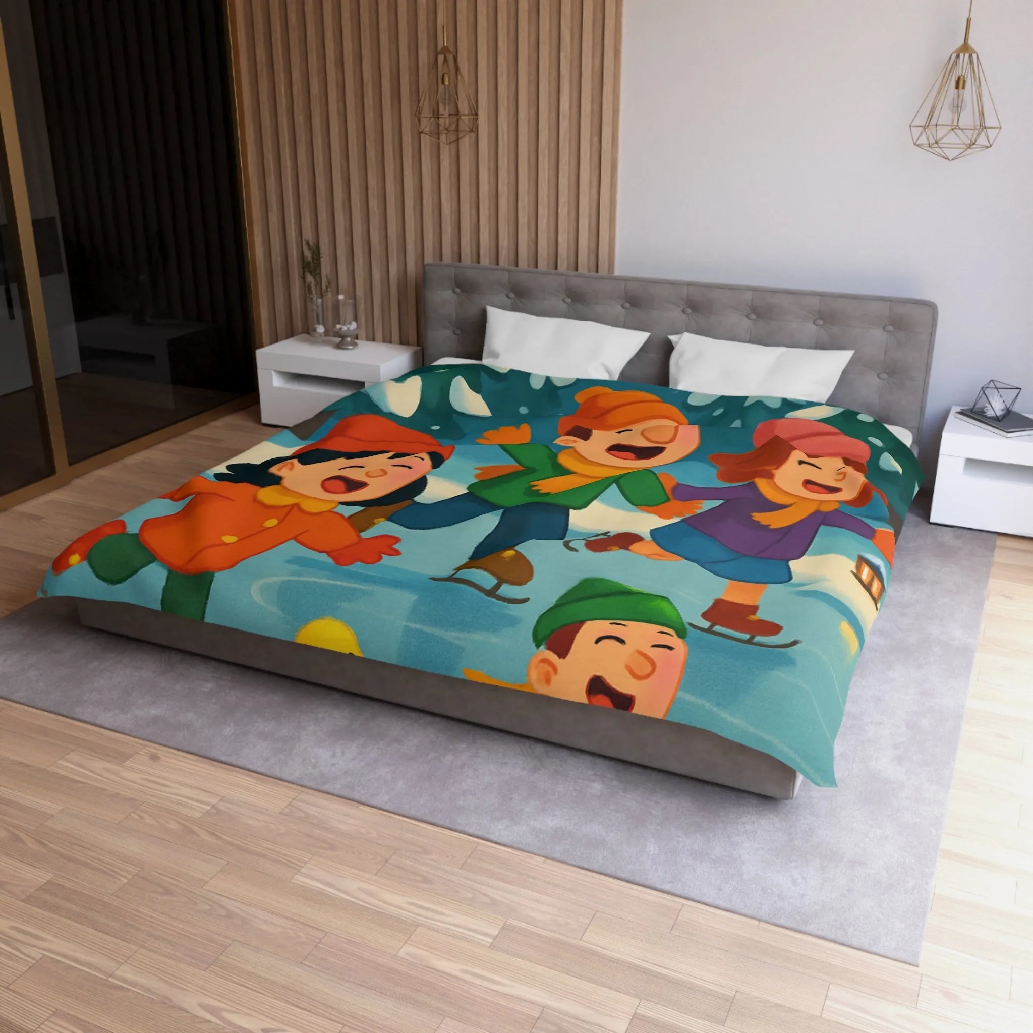 Housse de couette hiver joyeuse avec enfants et petits canards patinant sur glace