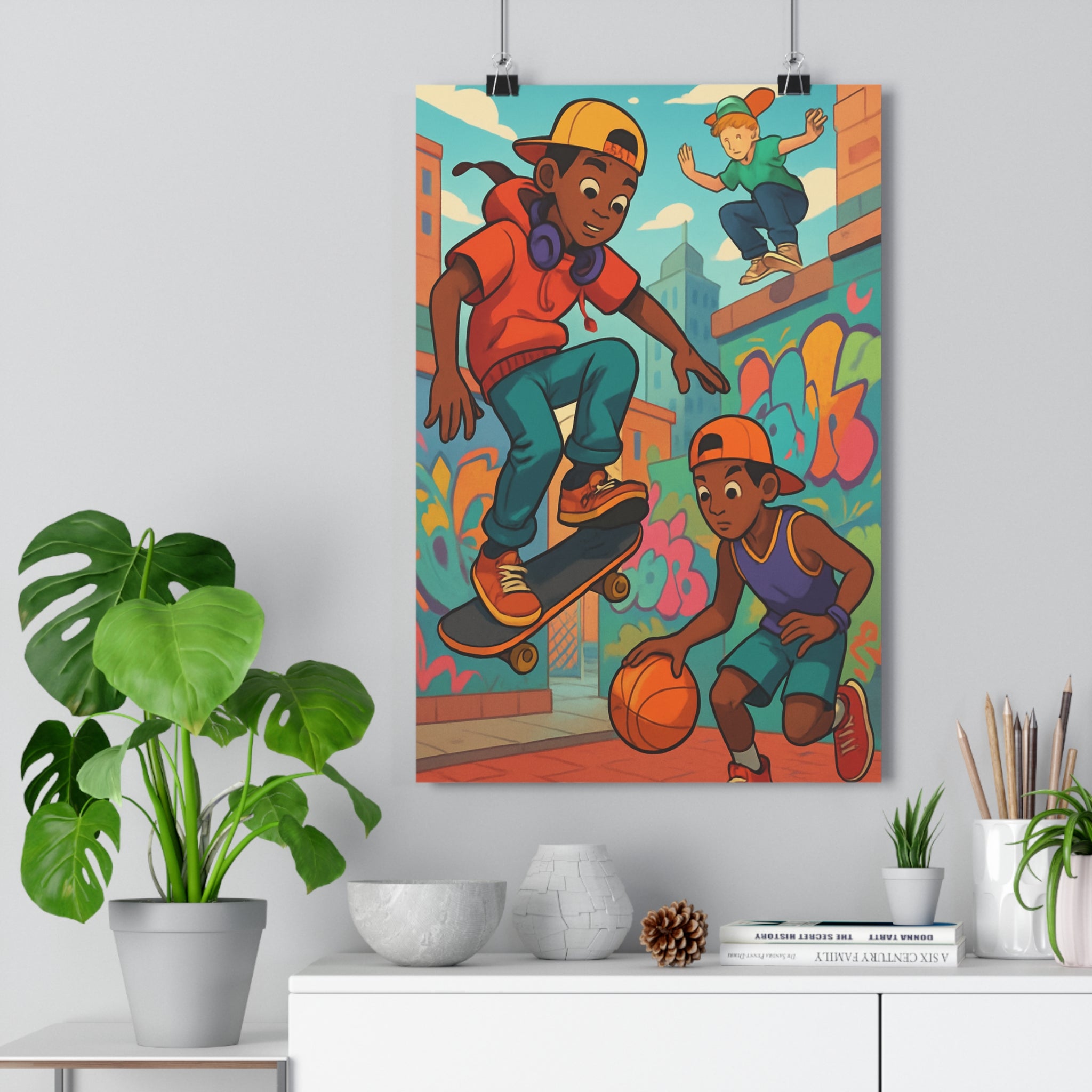 Poster décoratif dynamique skateboard basket urbain coloré cartoon moderne chambre salon graphique original qualité