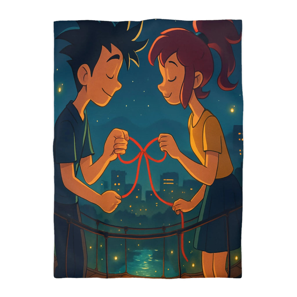 Housse de couette animée couple amoureux sur pont au-dessus d'une ville étoilée