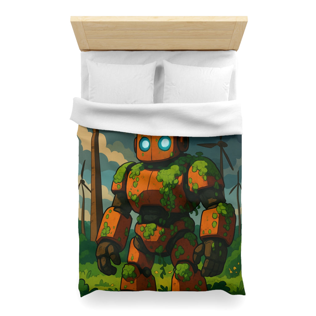 Housse de couette robot et éoliennes, motif nature et technologie, ambiance verte apaisante