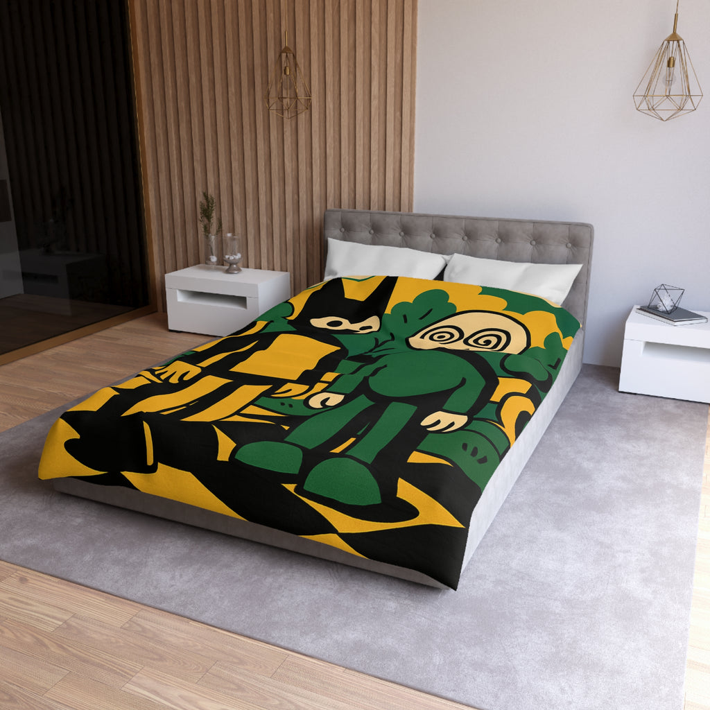 Housse de couette style pop-art cartoon avec personnages et paysage graphique original