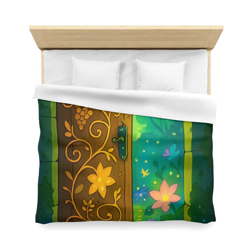 Housse de couette magique avec motif de porte mystique illuminée et papillons colorés