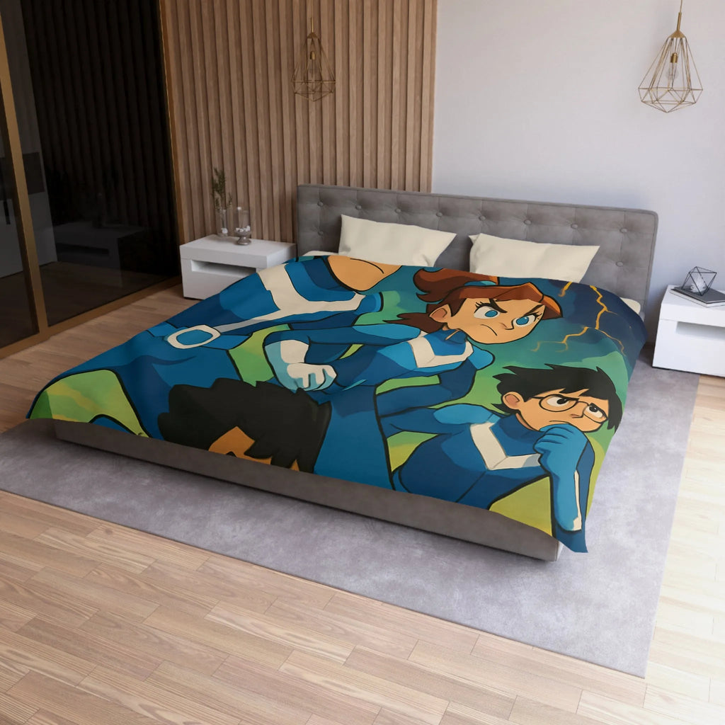 Housse de couette aventure : personnages animés et ciel orageux captivant pour chambre dynamique