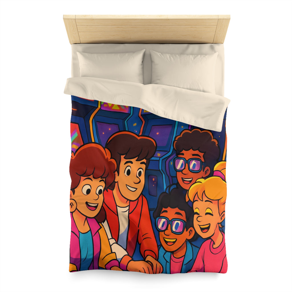 Housse de couette vibrante années 80 avec motifs arcades et ambiance rétro lumineuse