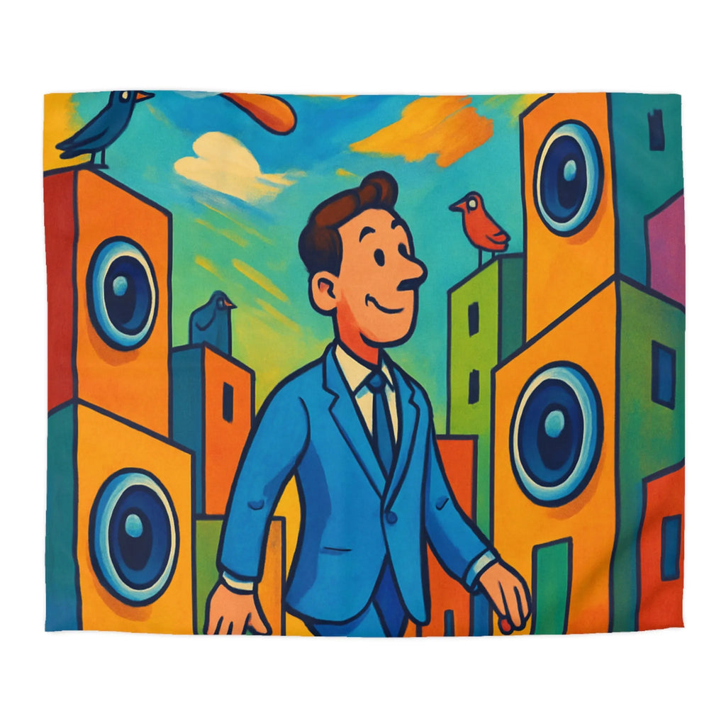 Housse de couette colorée avec homme stylisé marchant dans un paysage urbain coloré