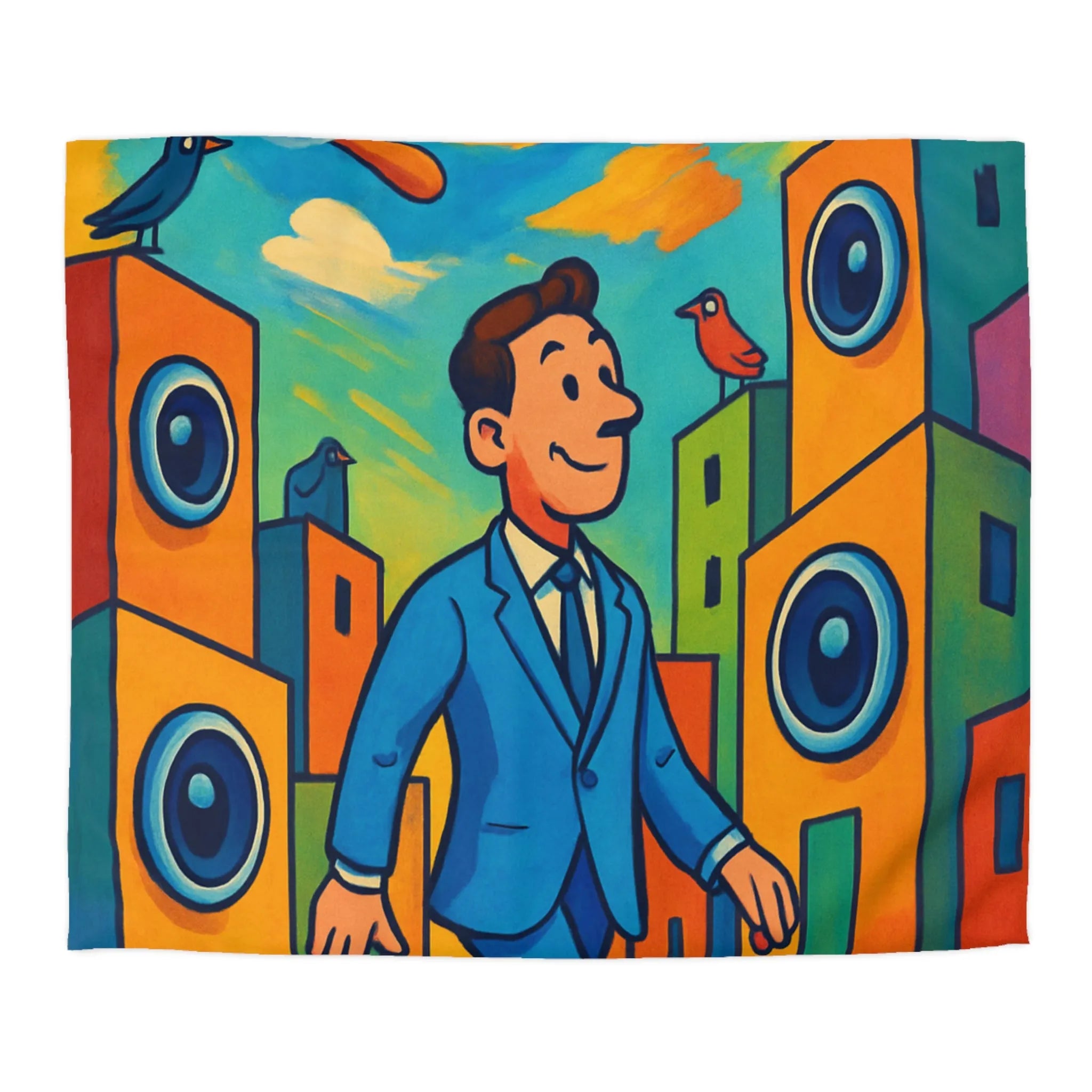 Housse de couette colorée avec homme stylisé marchant dans un paysage urbain coloré