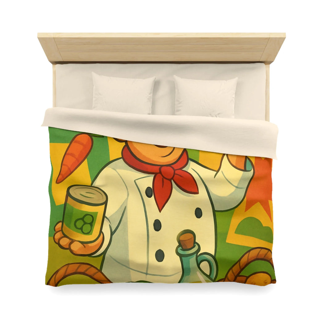 Housse de Couette Illustrée de Chef Heureux avec légumes et Pizza Méditerranéenne Colorée