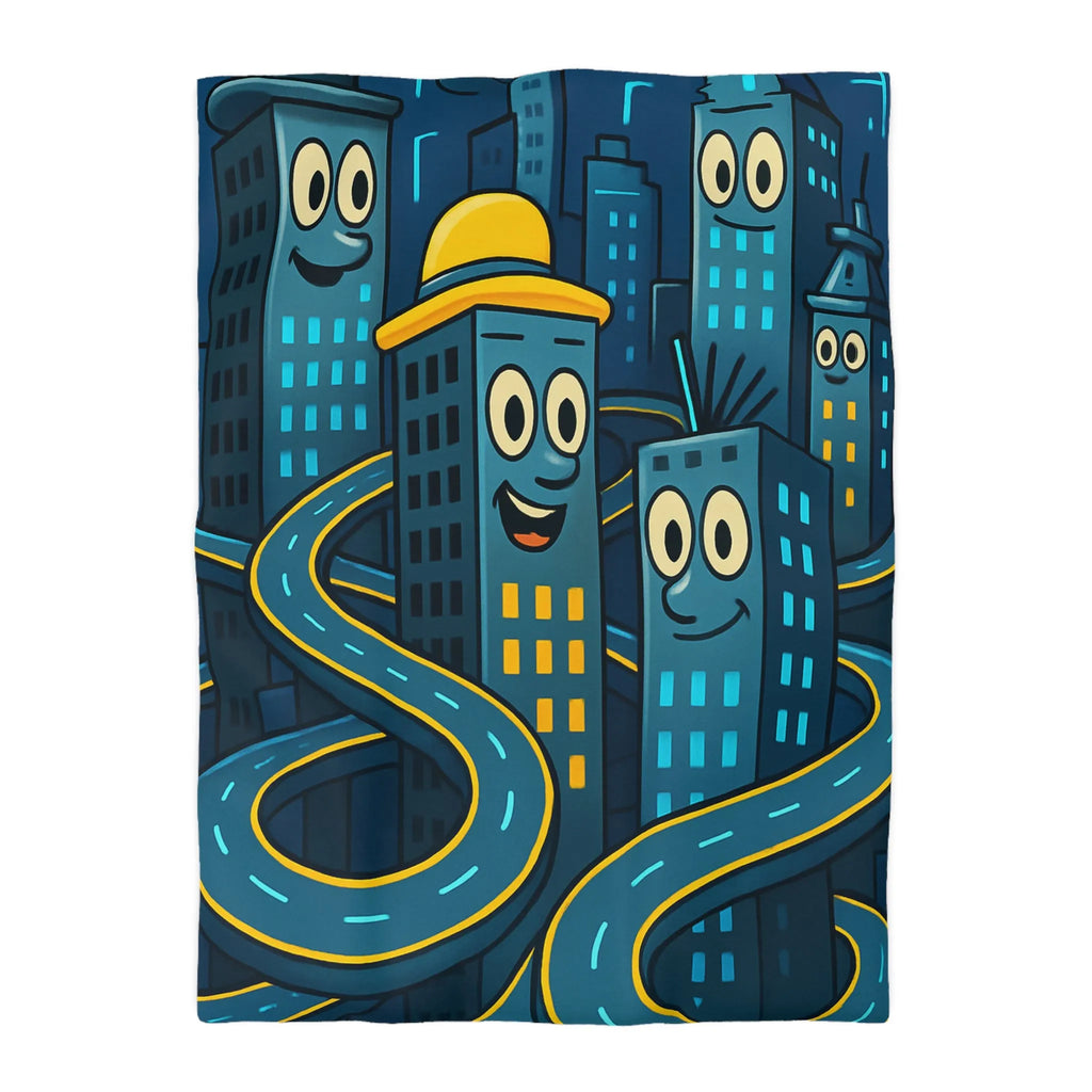Housse de couette créative avec immeubles souriants et routes sinueuses dessin animés