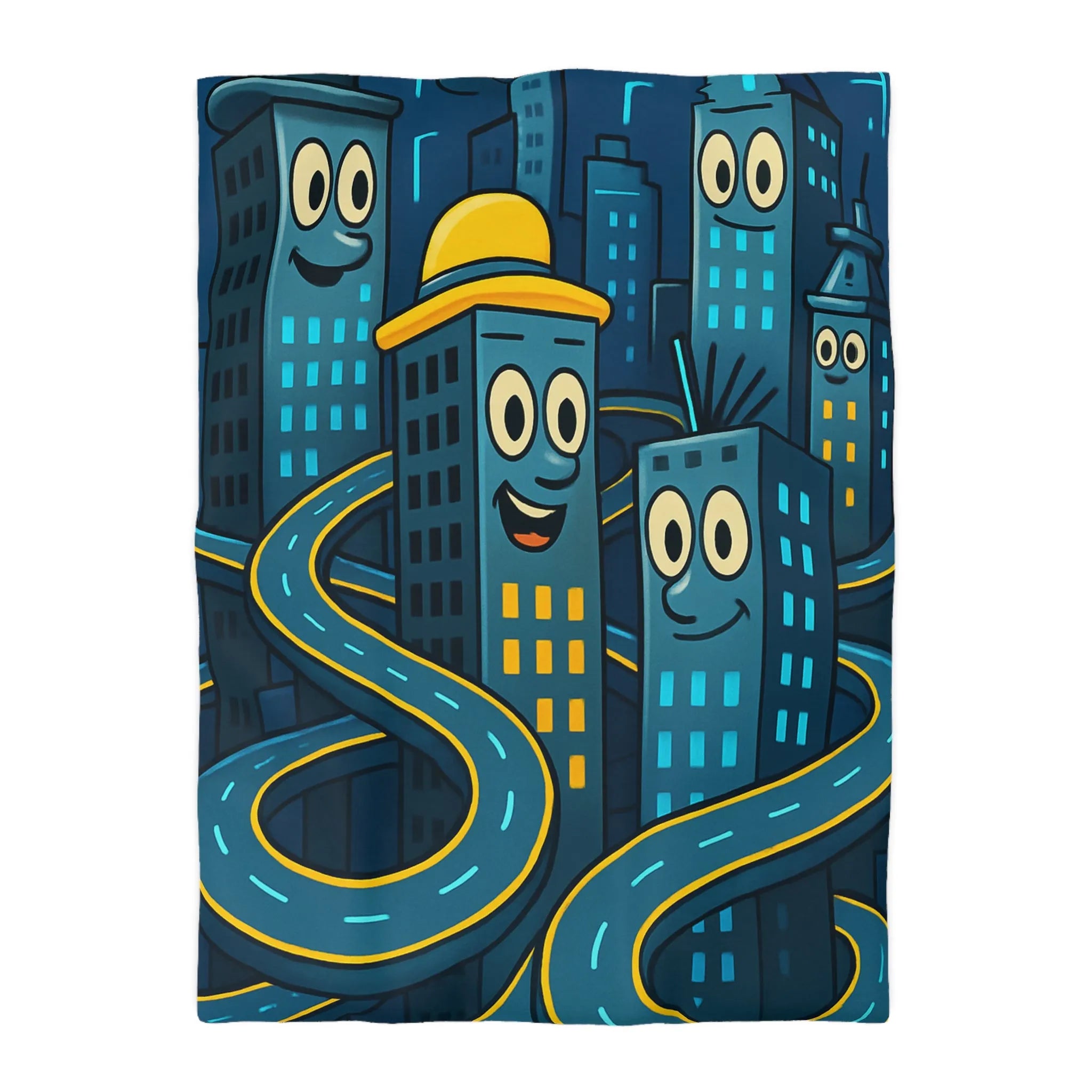 Housse de couette créative avec immeubles souriants et routes sinueuses dessin animés