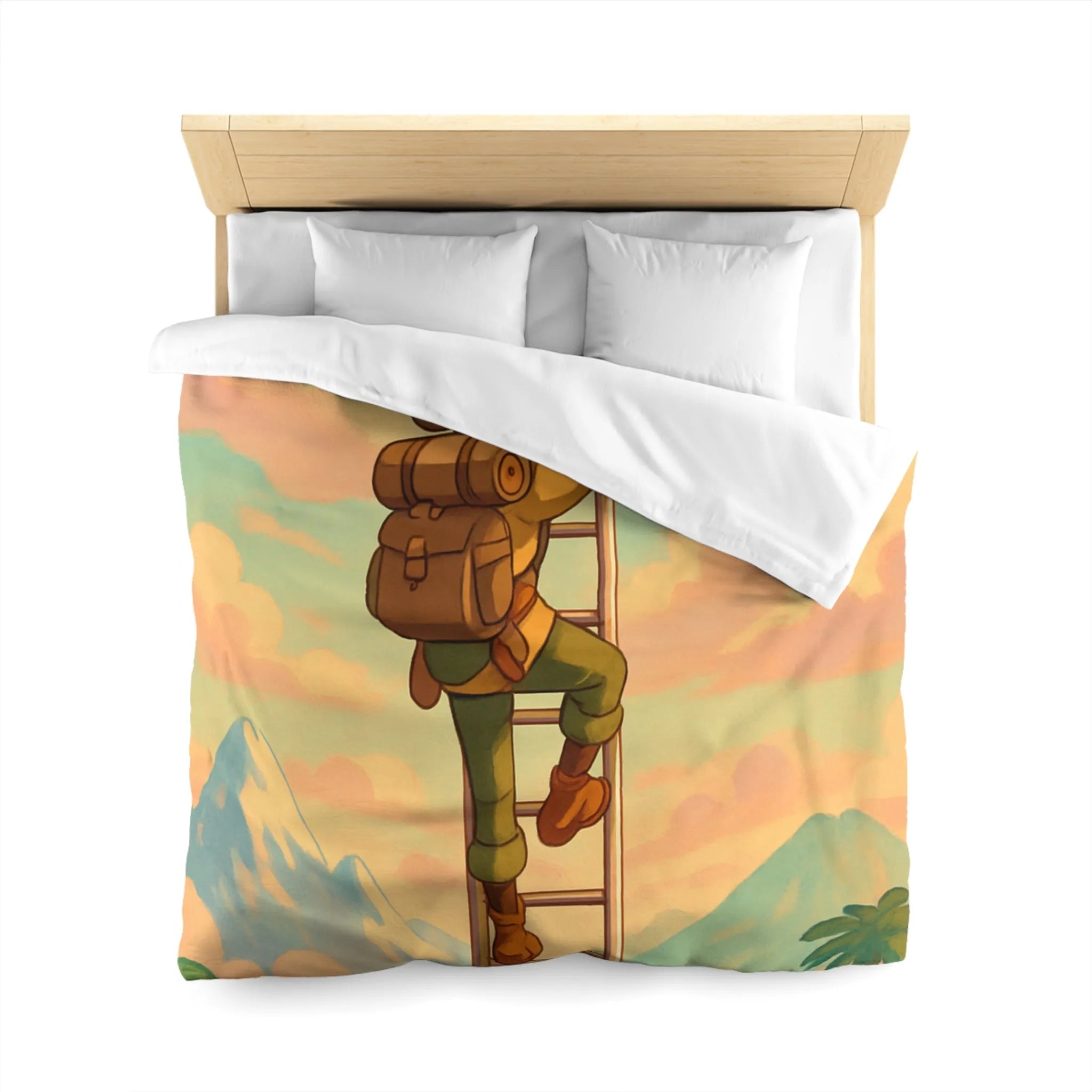 Housse de couette avec aventurier grimpant échelle vers ciel pastel et montagnes lointaines