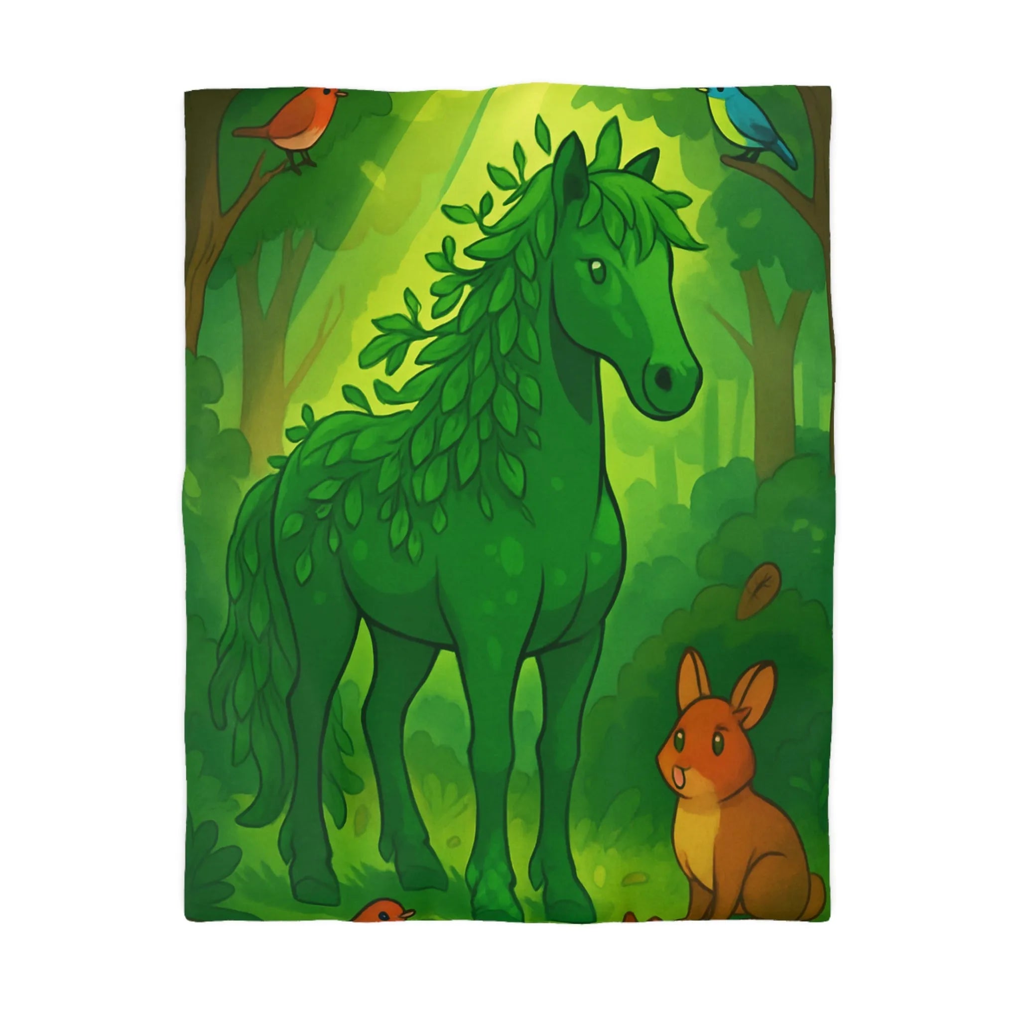 Housse de Couette Forêt Enchantée avec Cheval Vert et Animaux Sylvestres Amicaux