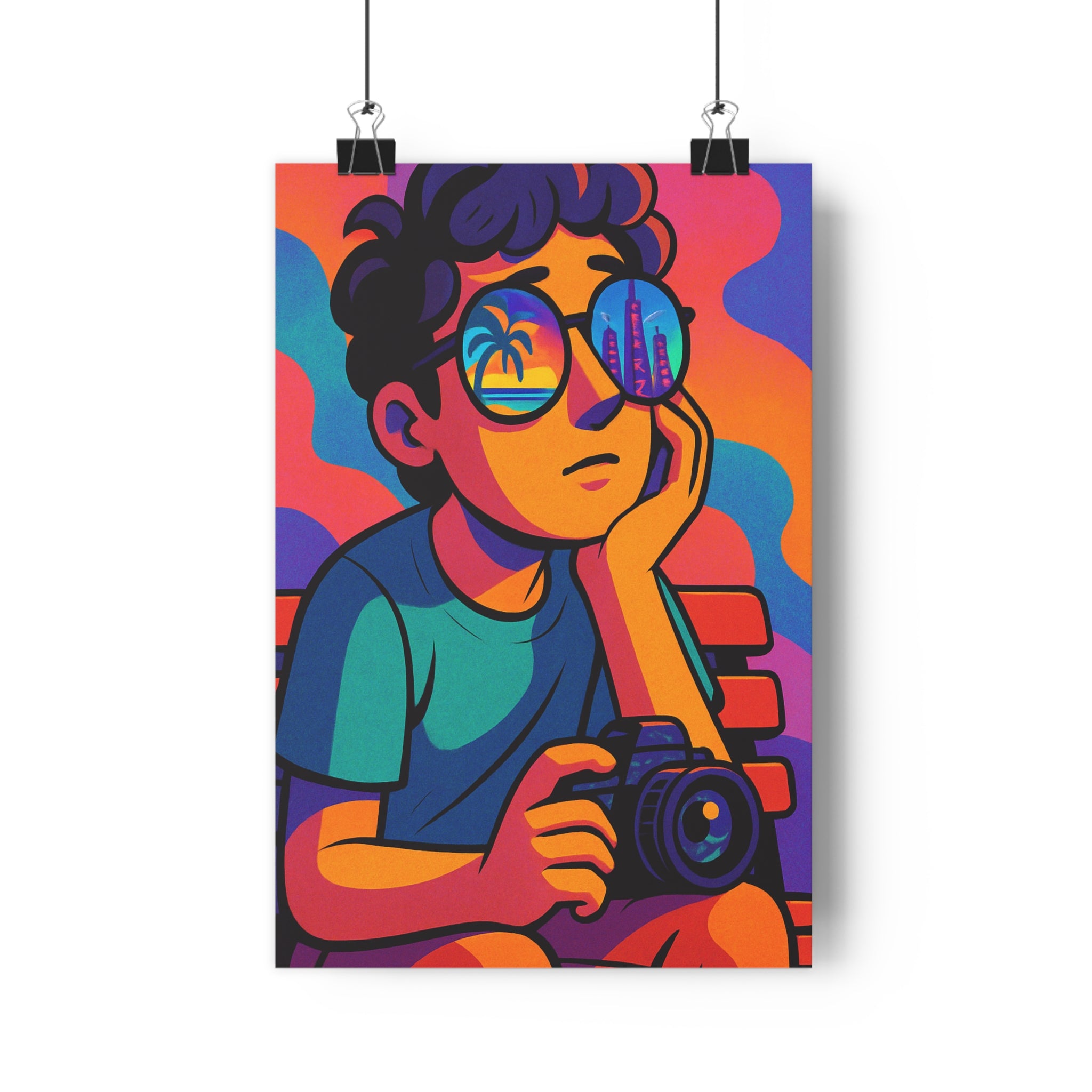 Poster décoratif anime moderne dynamique rêveur garçon lunettes photo plage palmiers contrasté salon chambre