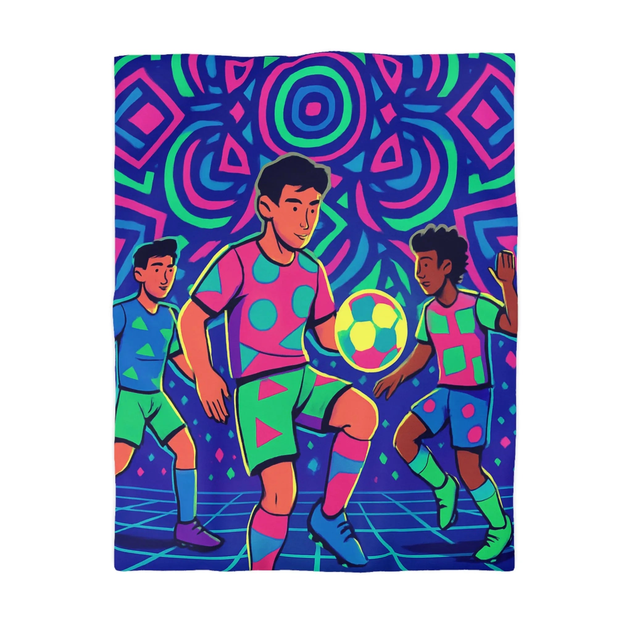 Housse de Couette Football Colorée avec Motifs Psychédéliques et Jeunes Joueurs en Action