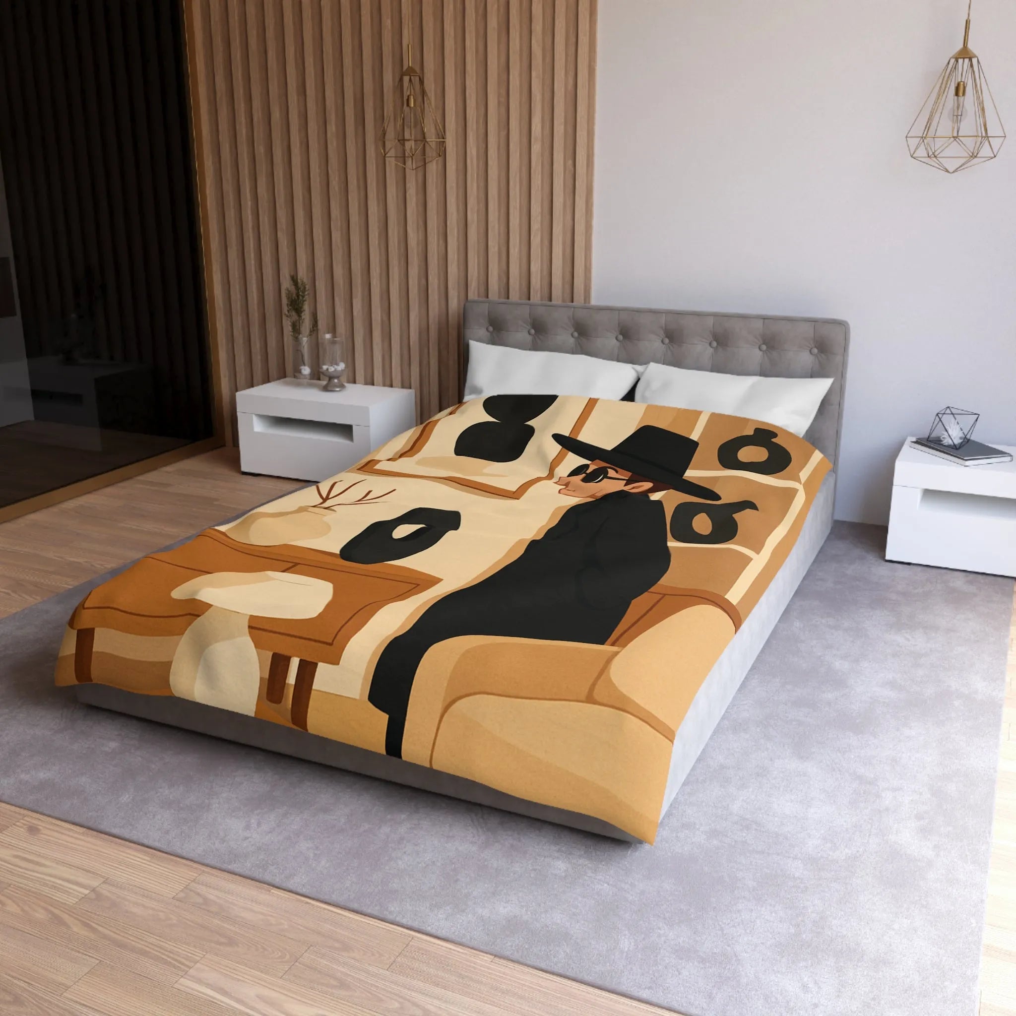 Élégant homme en noir dans salon moderne minimaliste aux accents artistiques abstraits