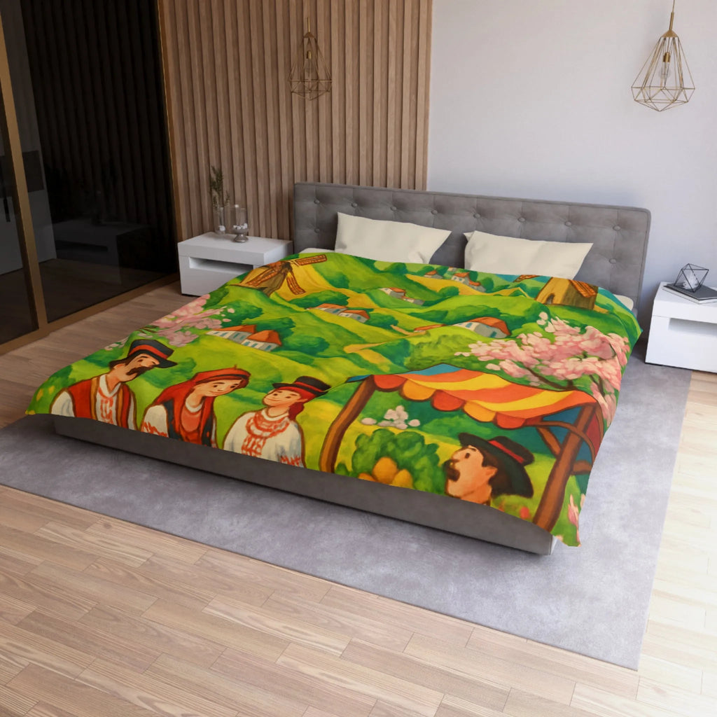 Housse de couette avec village champêtre, moulins et marché aux couleurs vives