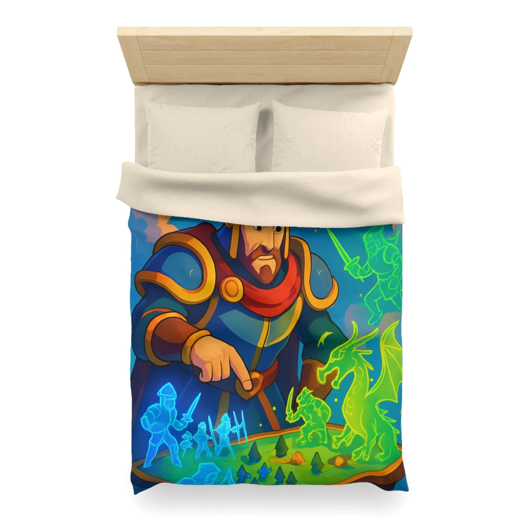 Housse de couette épique guerriers médiévaux et dragon sur plateau de jeu fantastique