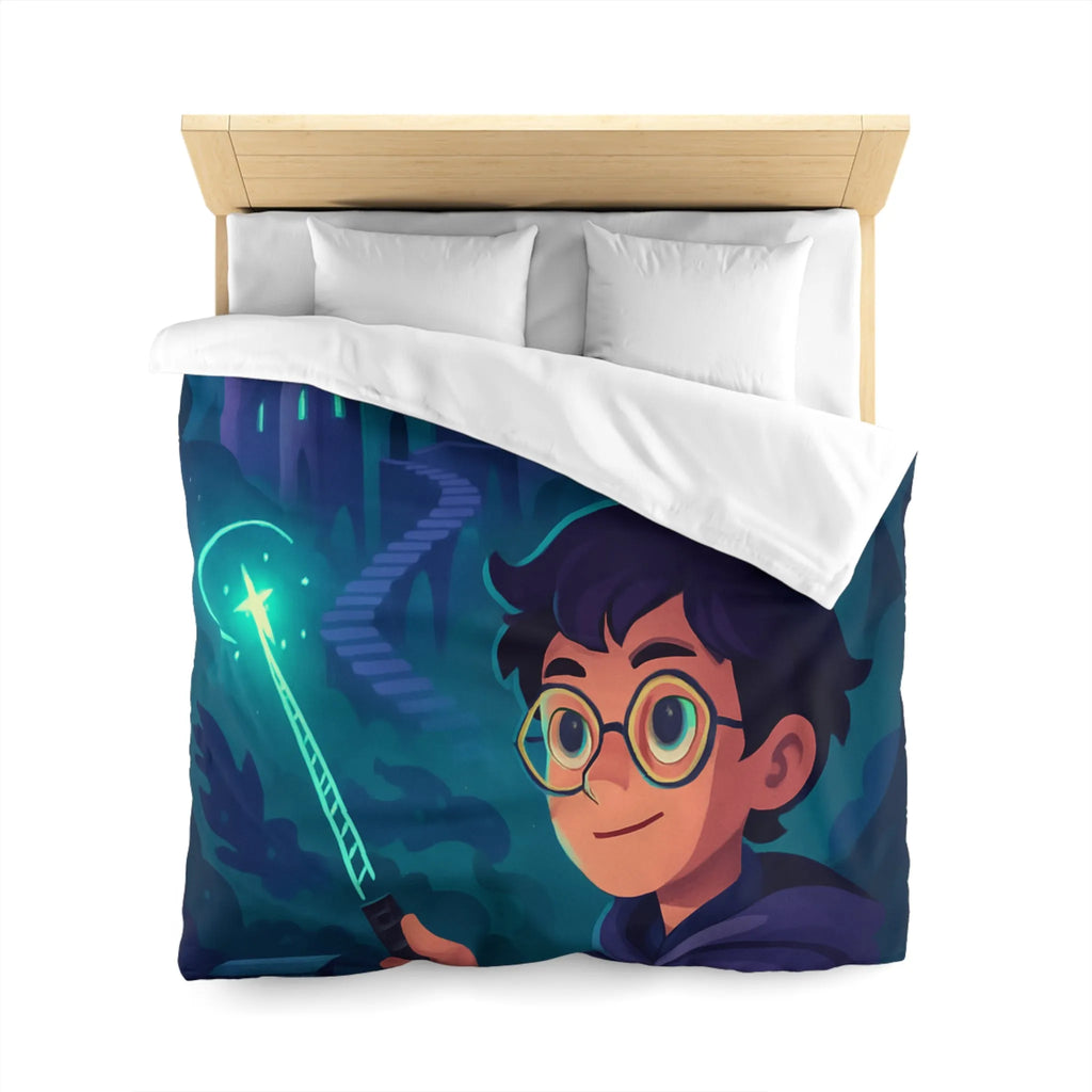 Housse de Couette Magique avec Enfant, Baguette Lumineuse et Chouette en Nuit Mystique