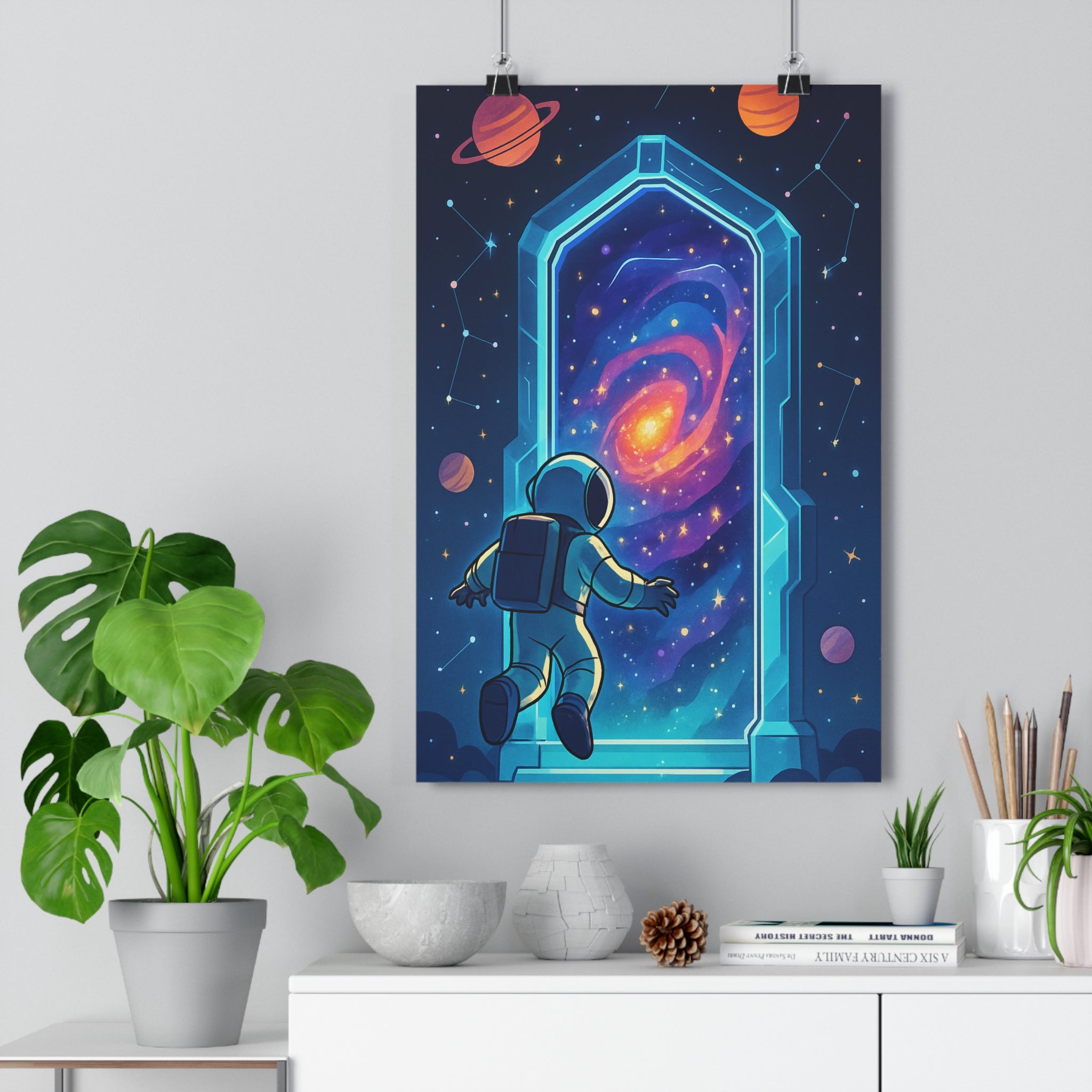 Poster décoratif sciencefiction astronaute galaxie cartoon néon bleu violet mystique chambre bureau 30x46 qualité