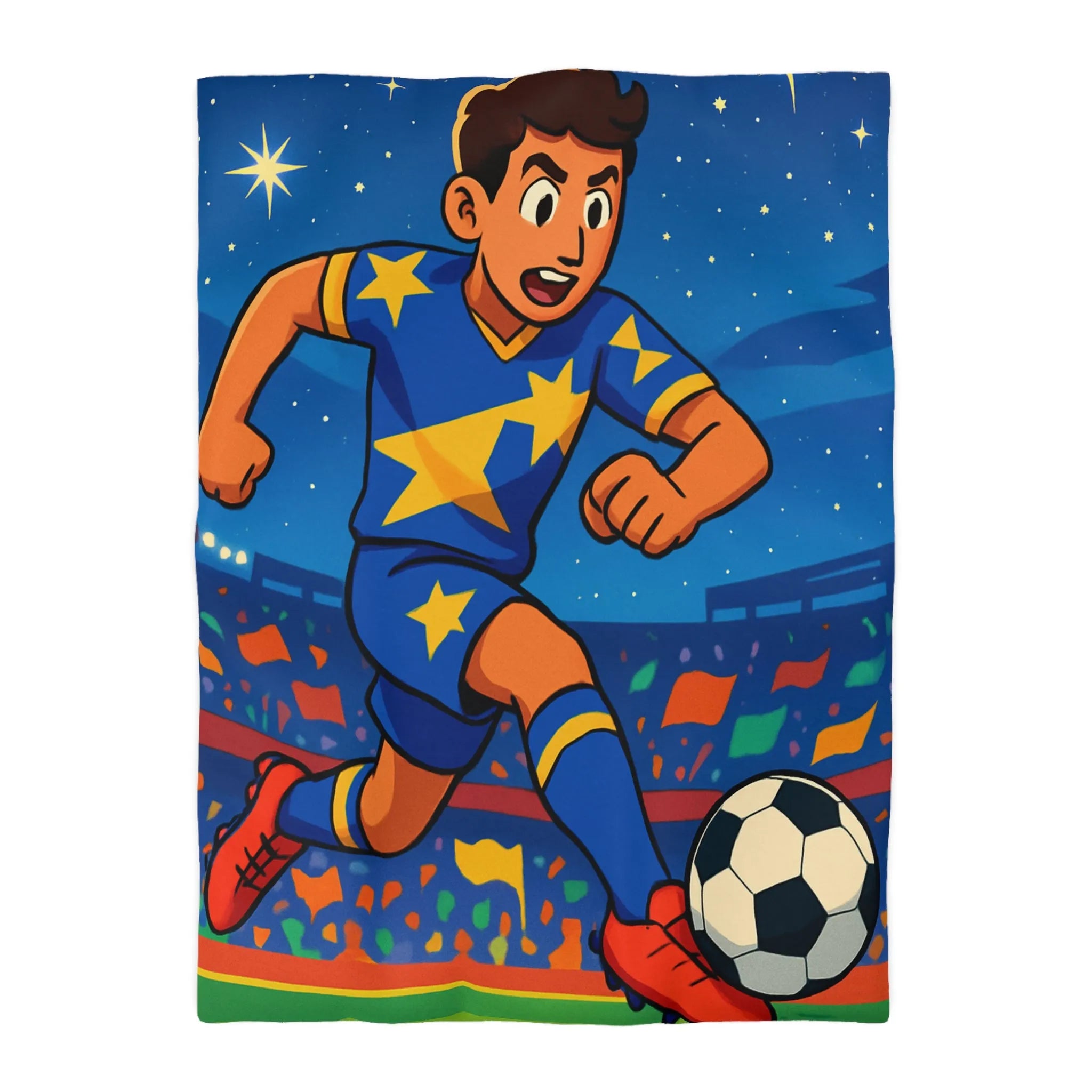 Housse de couette colorée avec joueur de football en action sous ciel étoilé