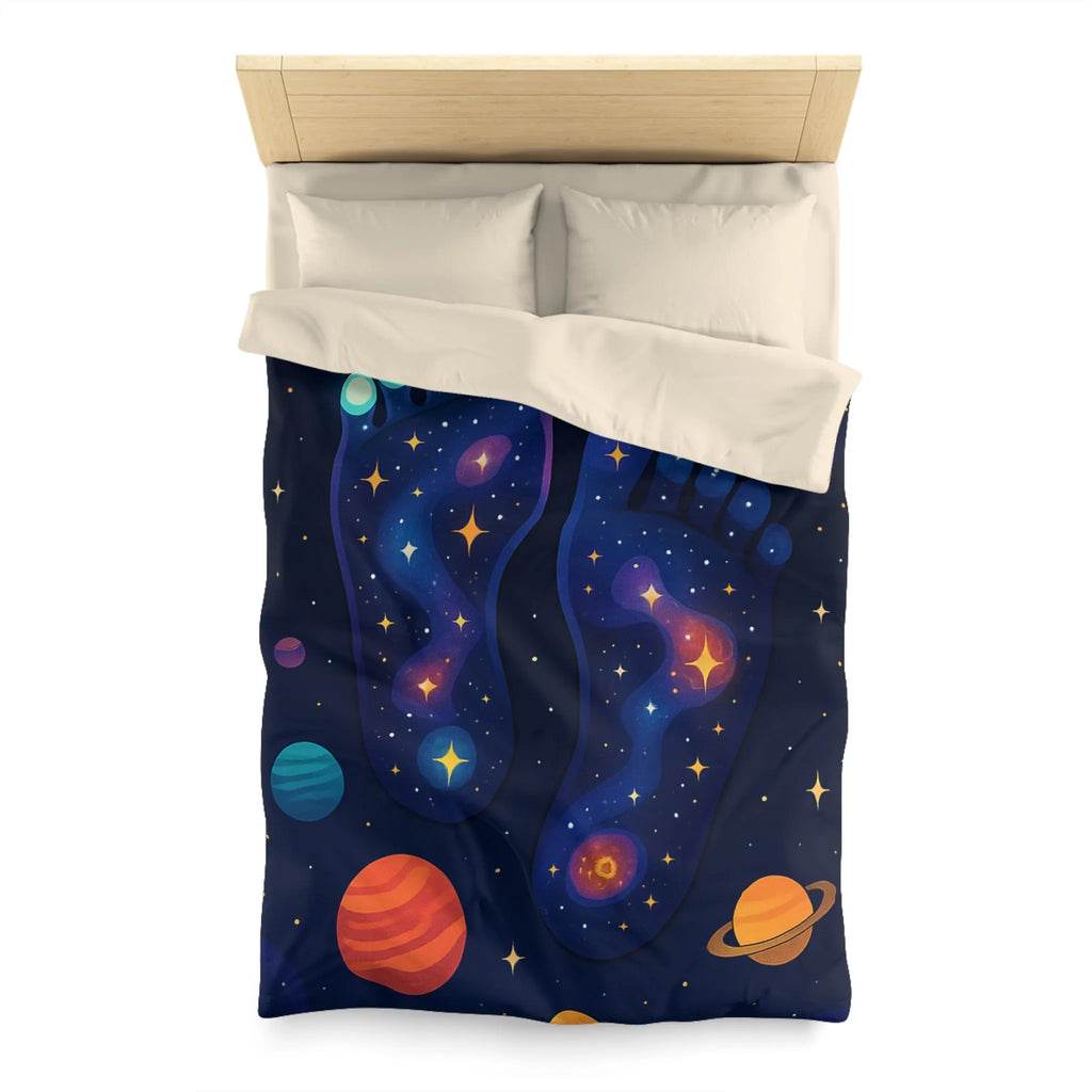 Housse de Couette Cosmos Enchanté avec Motifs de Pieds Galactiques Étincelants et Planètes