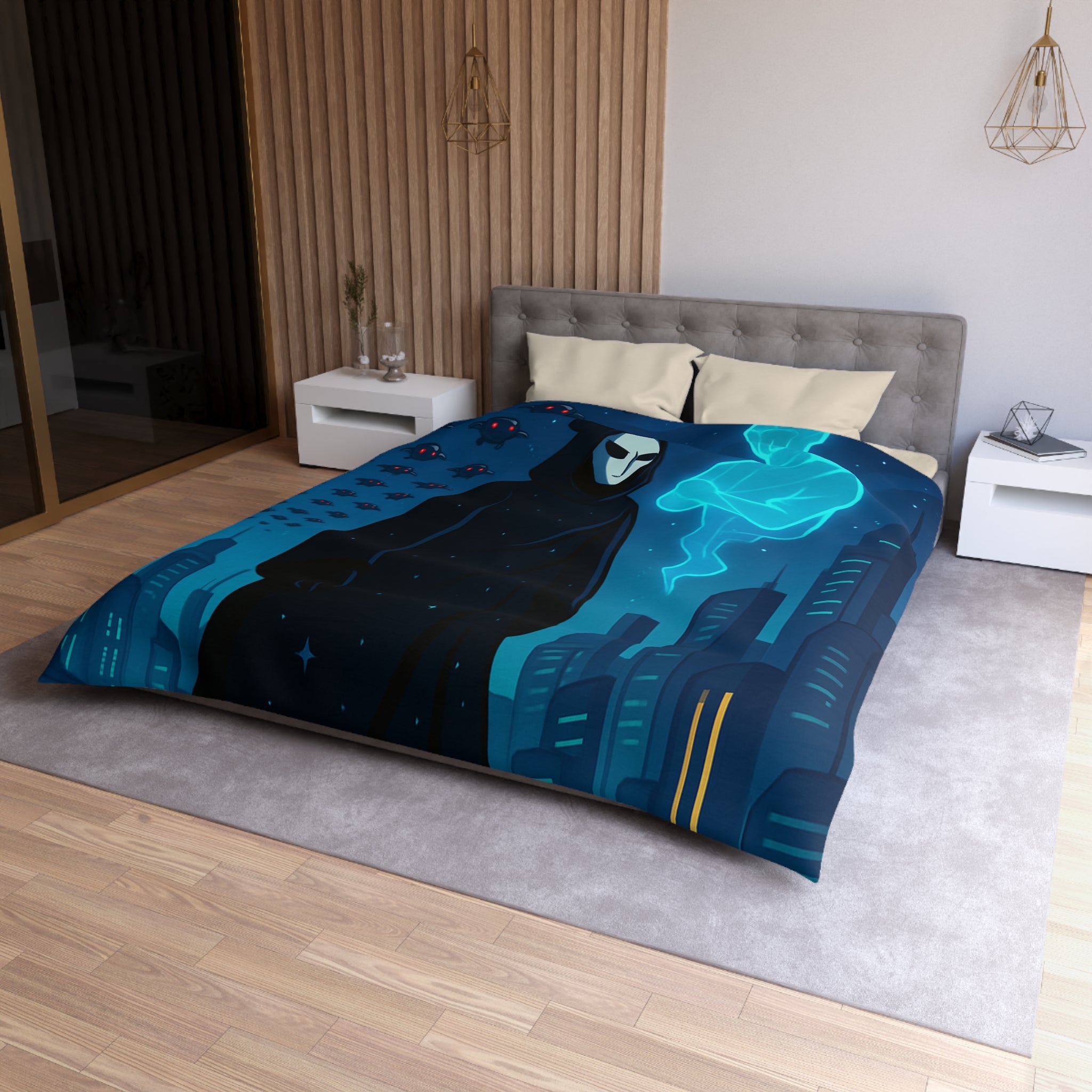 Housse de couette spatiale avec figure masquée et paysage urbain futuriste