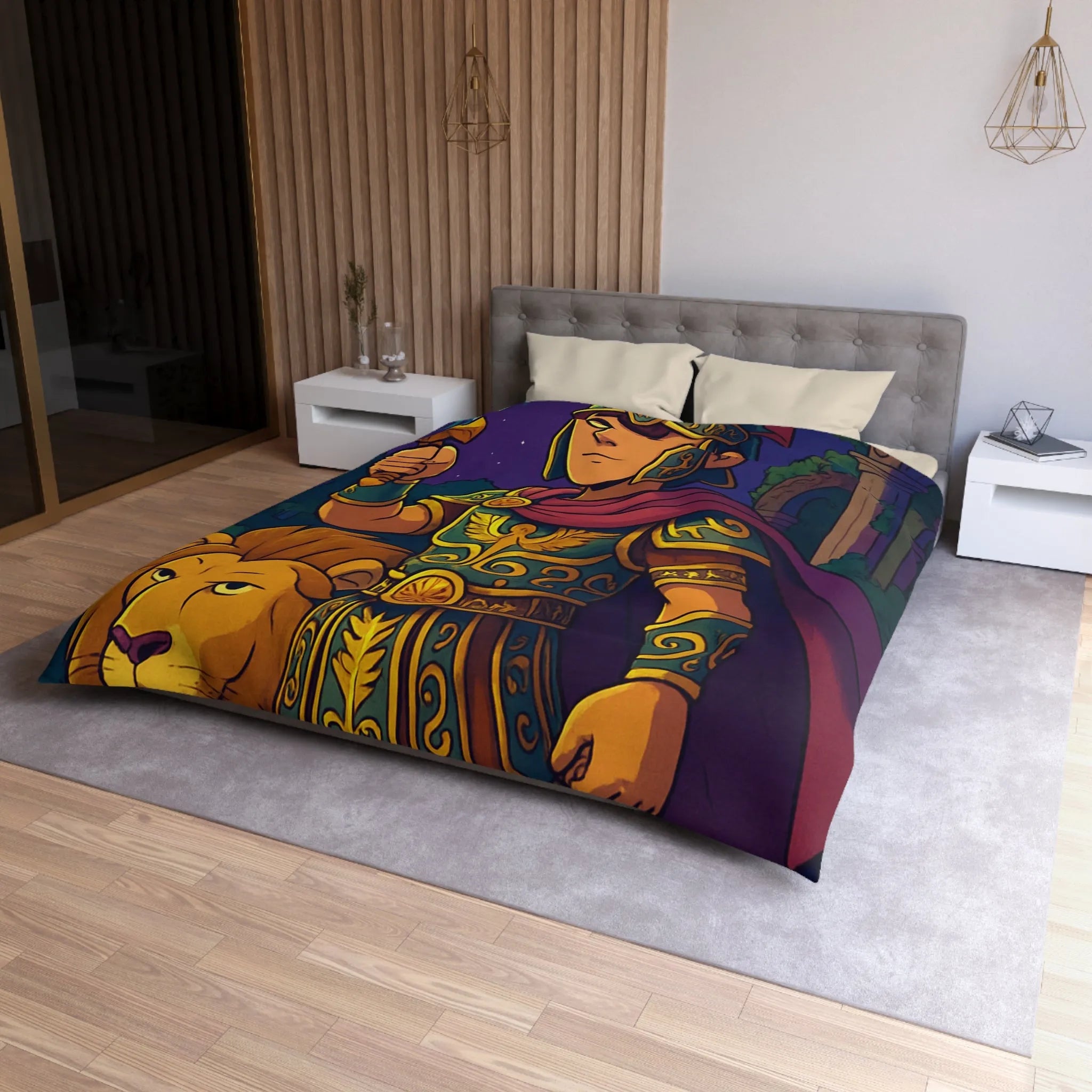 Housse de couette épique pour enfants avec un guerrier et un lion mythiques