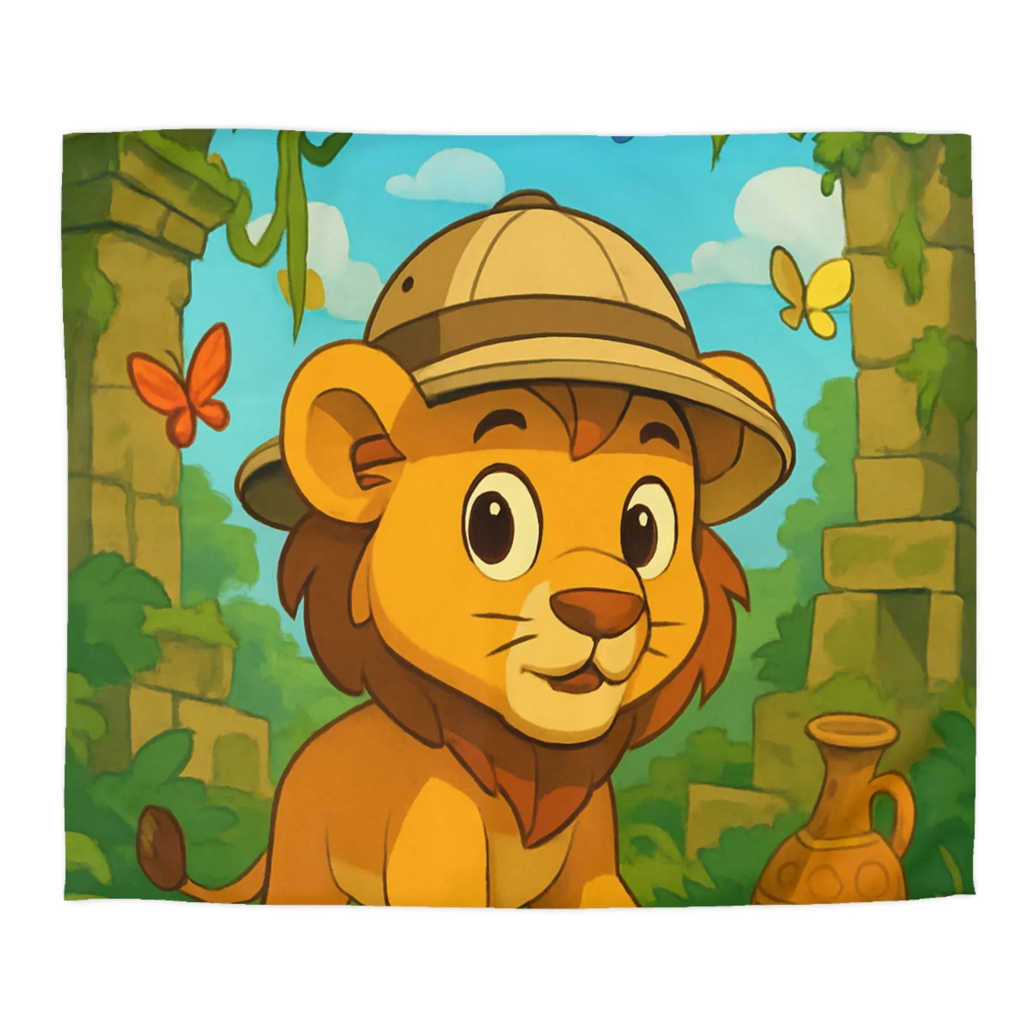 Housse de couette enfant safari lionceau explorateur avec papillons jungle dessin animé