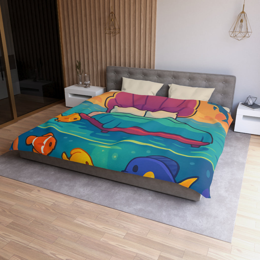 Housse de couette océan, lit coquillage, poissons tropicaux, ambiance coucher de soleil