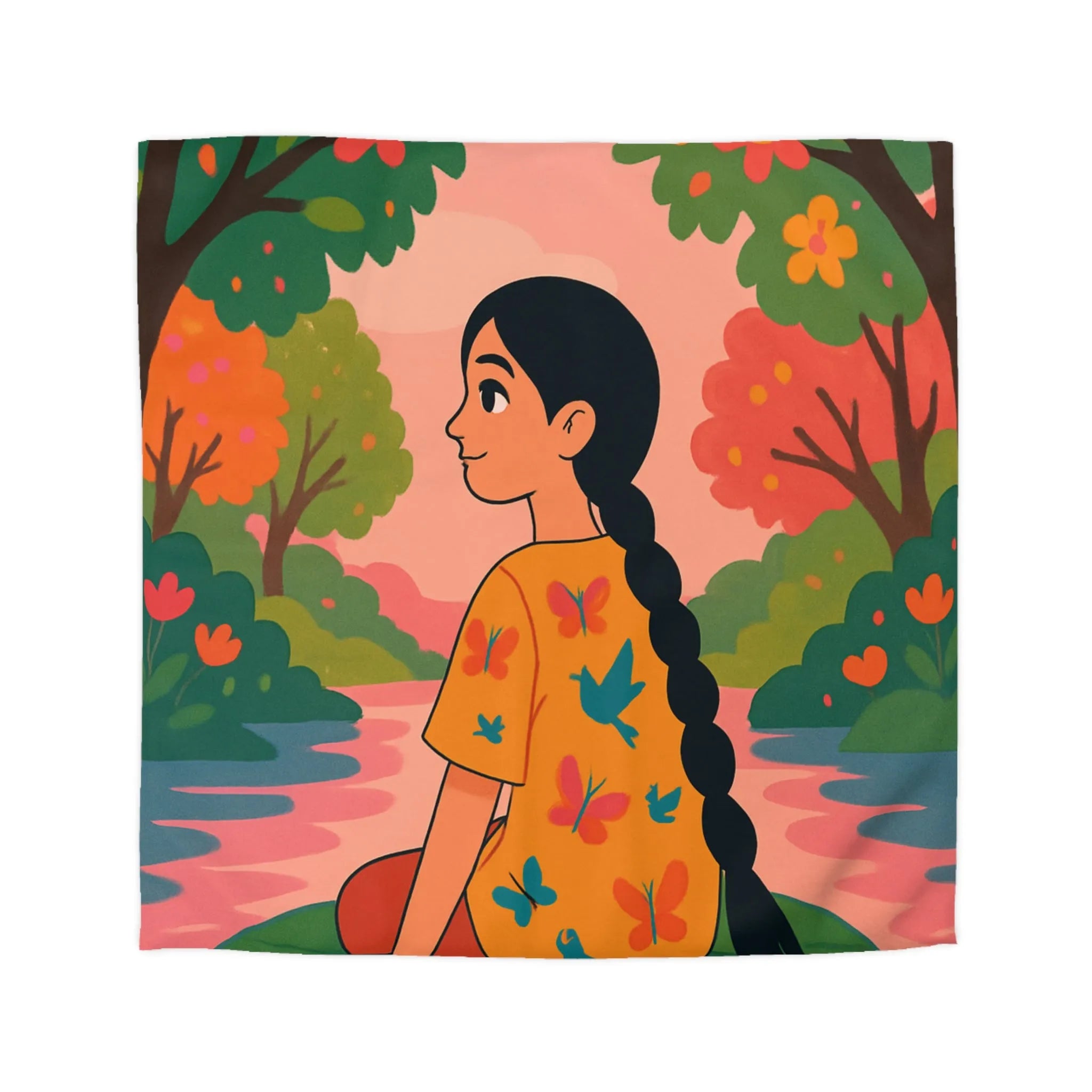 Housse de couette colorée avec paysage serein et silhouette poétique pour décoration chambre