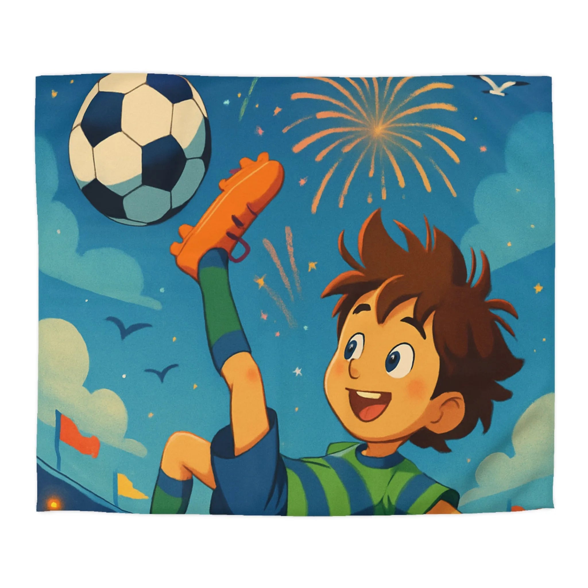 Housse de Couette Enfant Festive avec Football et Feux d'Artifice Multicolores Animés