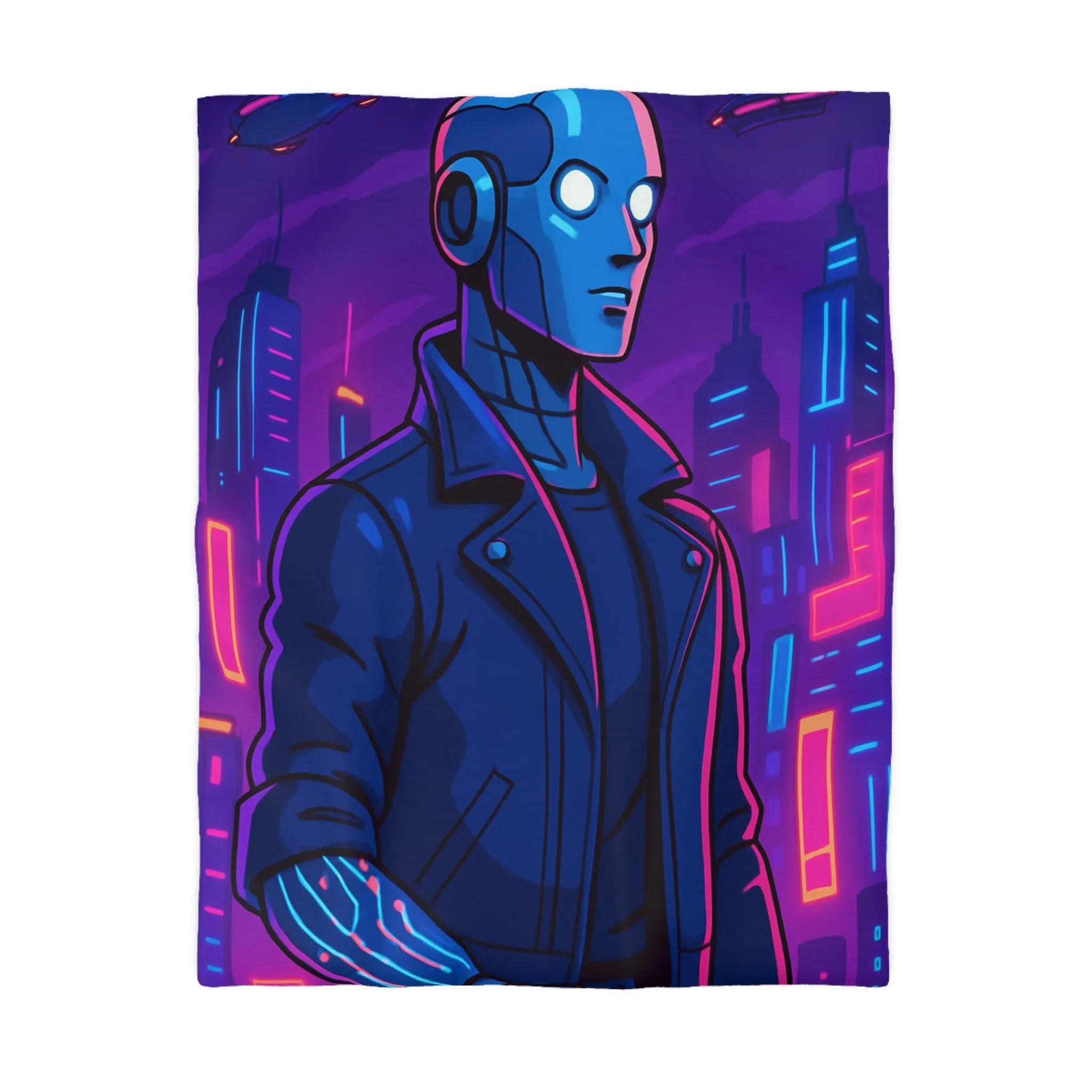 Housse de couette bleu nuit motif rétro-futuriste avec robot et gratte-ciel néon