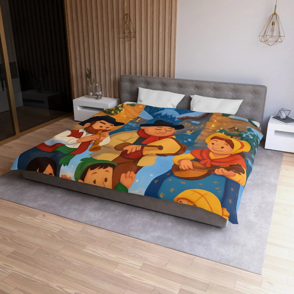 Housse de couette festive avec village enneigé et musiciens pendant l’hiver joyeux