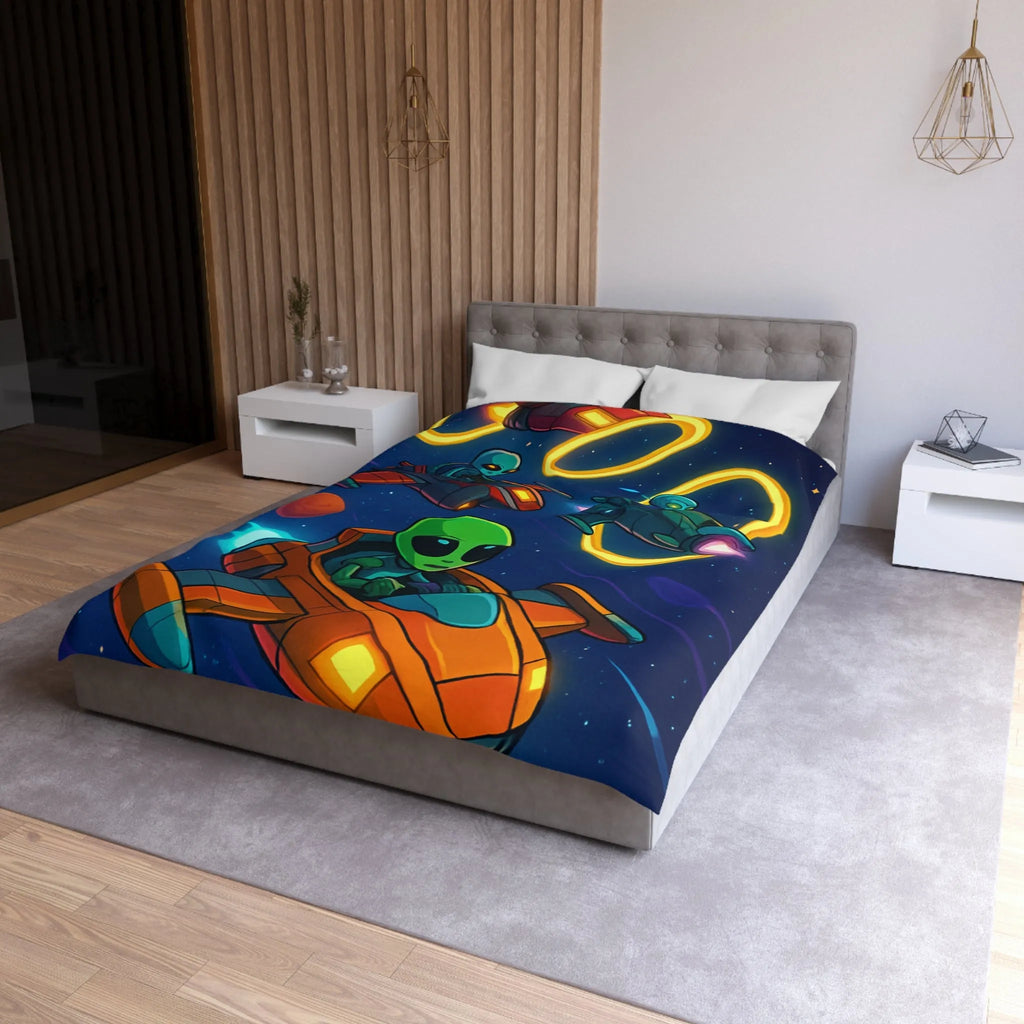 Housse de Couette avec Motifs d'Aliens en Course Spatiale et Anneaux Lumineux